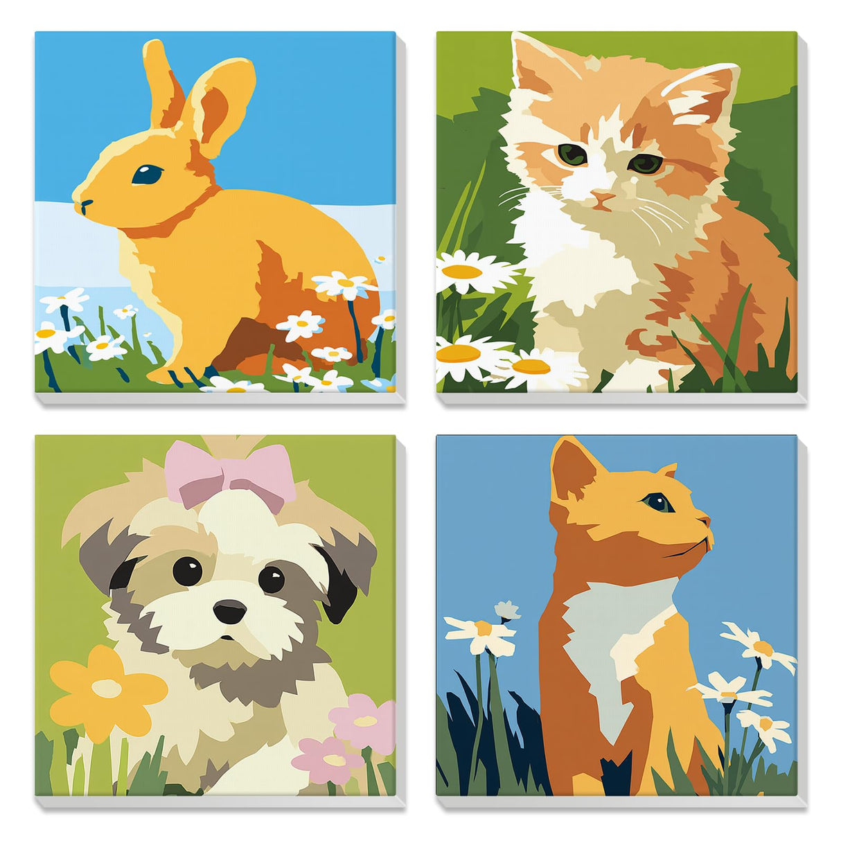 NEWENMO 4 Pack Paint by Number for Kids with Wooden Frame, Cute Rabbit, Cat, Dog Paint by Numbers for Kids Ages 8-12, Animal, DIY Acrylic Oil Painting for Beginners for Home Wall Decor 8X8 inch NEWENMO