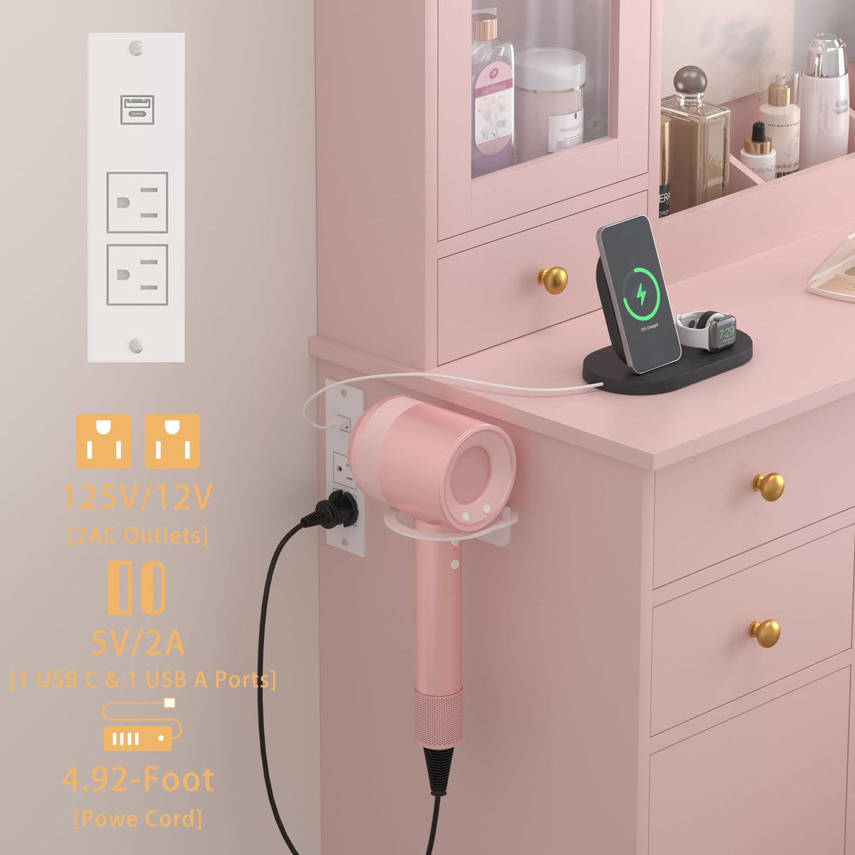 Wodeer Vanity Desk with Lighted Mirror & Power Strip,Makeup Vanity Table with RGB LED Lights & Chair,White Dressing Table Set with 7 Drawers & 2 Cabinet for Girls Women Bedroom & Dressing Room,Pink Wodeer