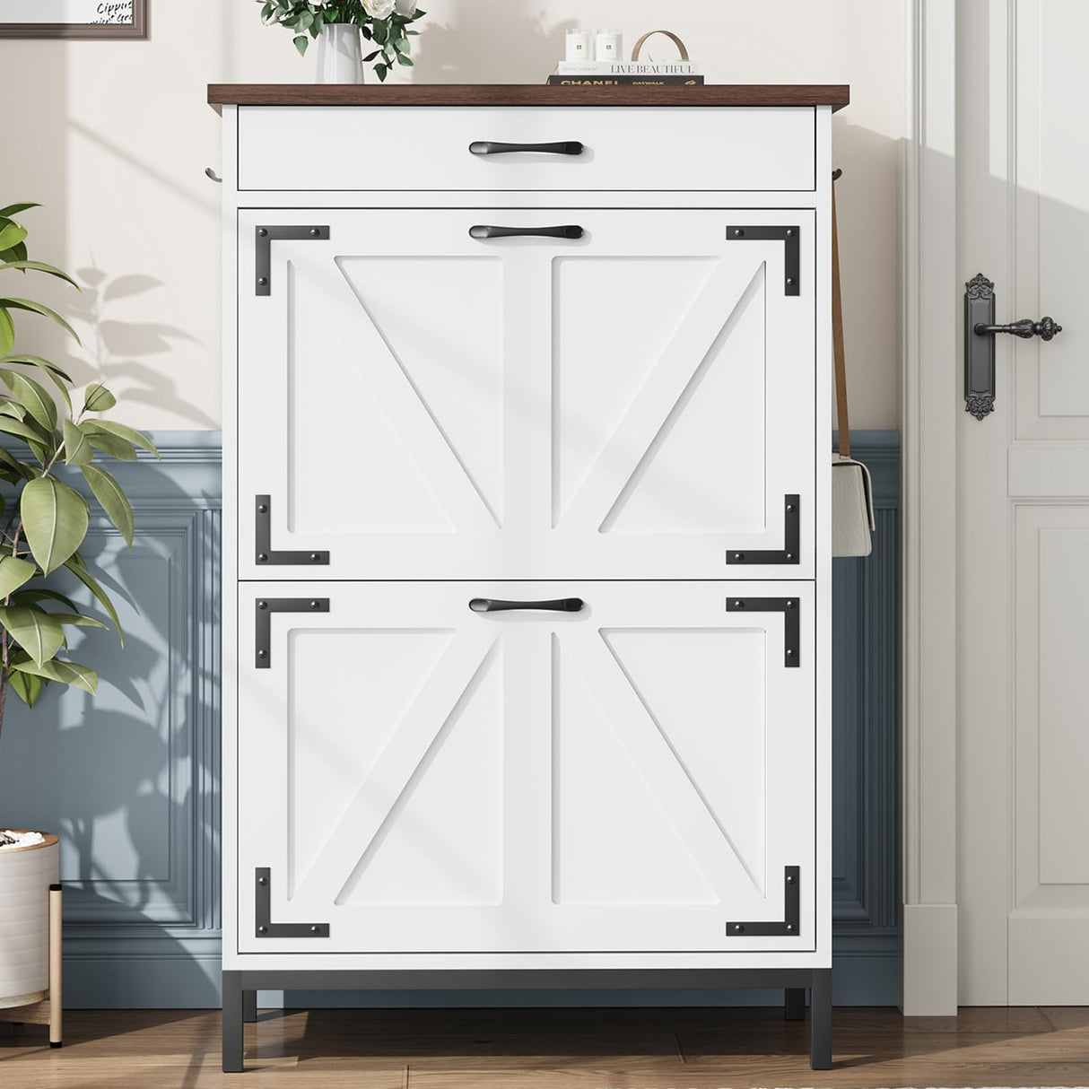 Shoe Cabinet Storage for Entryway Hidden Shoes Storage Cabinet Farmhouse Narrow Shoe Organizer Cabinet with 2 Flip Drawers, Free Standing Slim Shoe Cabinet for Door Entry, Foyer, Hallway, White Jocoevol