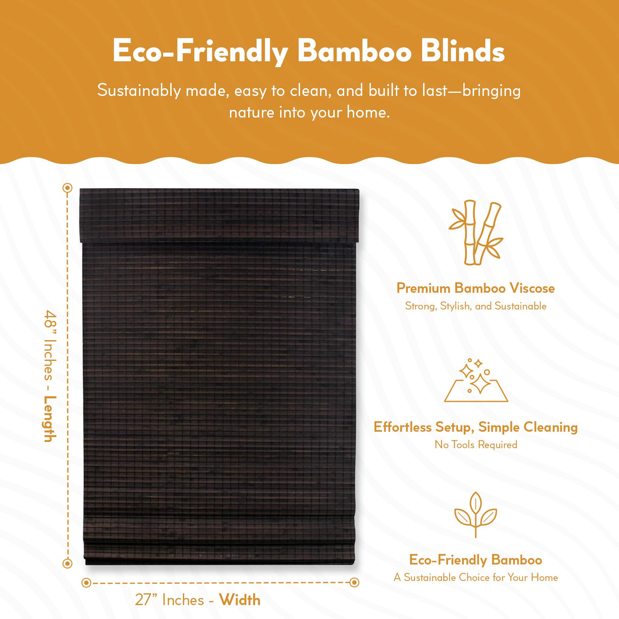 Radiance Cordless Bamboo Roman Shades for Windows - Flatweave Bamboo Blinds for Reduce Bright Light - Easy to Lift & Fold Up Window Shades - Espresso - 27 in. W x 48 in. L - (02208825E) Radiance