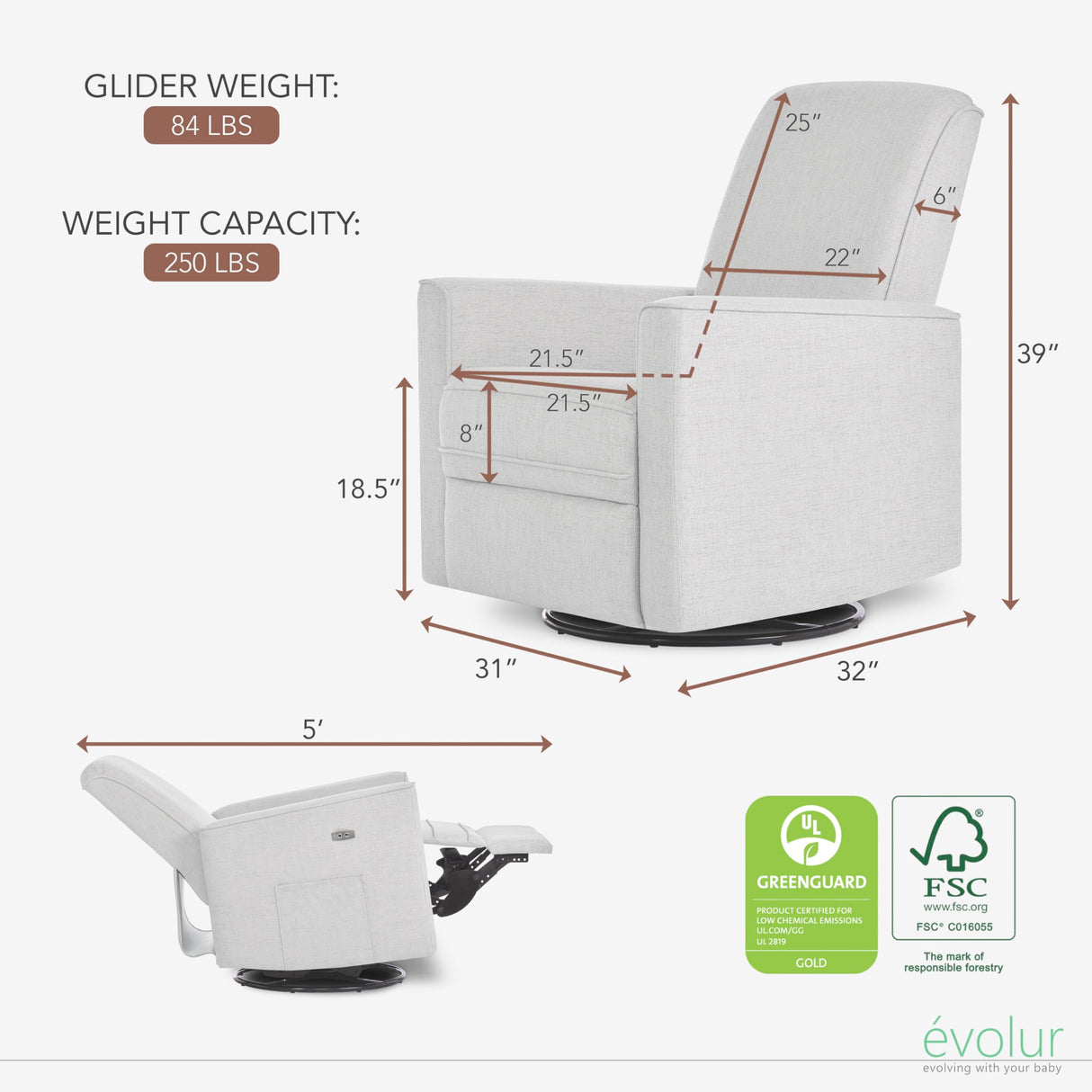 Evolur Harlow Upholstered Power Glider Recliner with USB Charging – Rocking & 360° Swivel with Smooth Glide – Greenguard Gold & FSC Certified – Modern Nursery and Living Room Chair in Fog Evolur