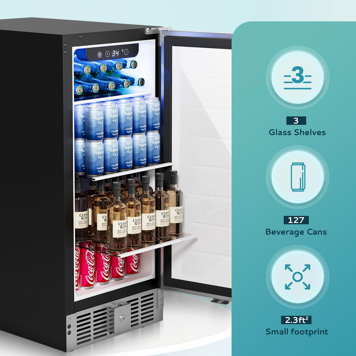 EUHOMY Beverage Refrigerator 15 Inch, Under Counter 127 Can Beverage Fridge with Stainless Steel Door, Beverage Cooler Built-in and Undercounter Beer Fridge, Drink Fridge - Soda Cola EUHOMY