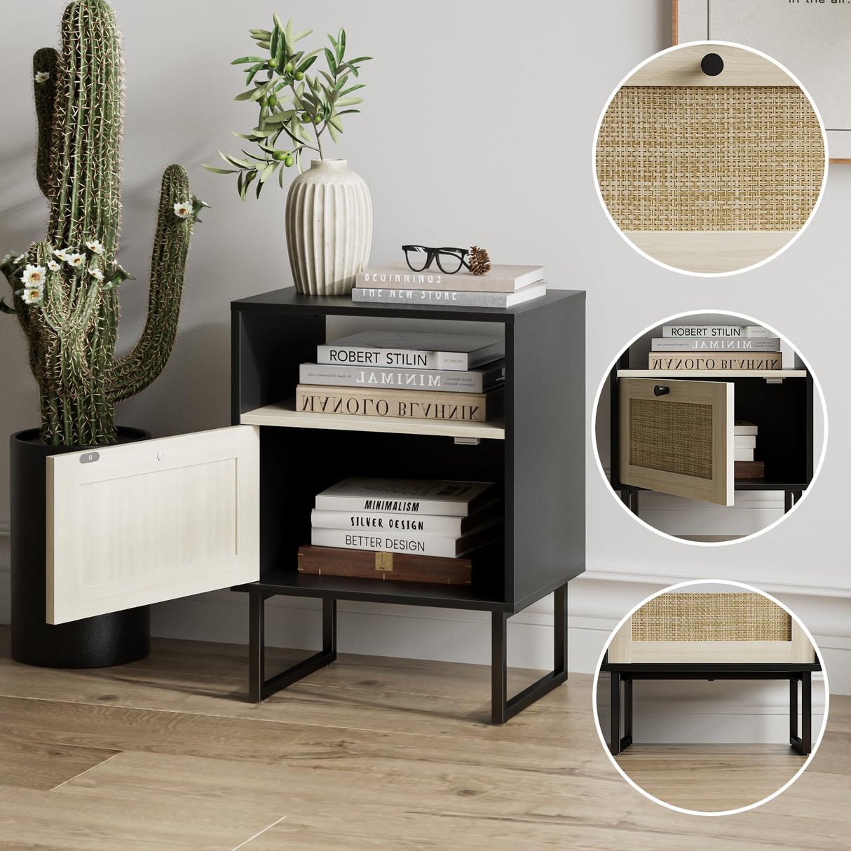 Masupu Boho Night Stand, Small Rattan Side Table, Wood Nightstand with Drawer and White Oak Shelf, Bedside Table, End Table for Bedroom,Living Room,Office (Black Frame) Masupu
