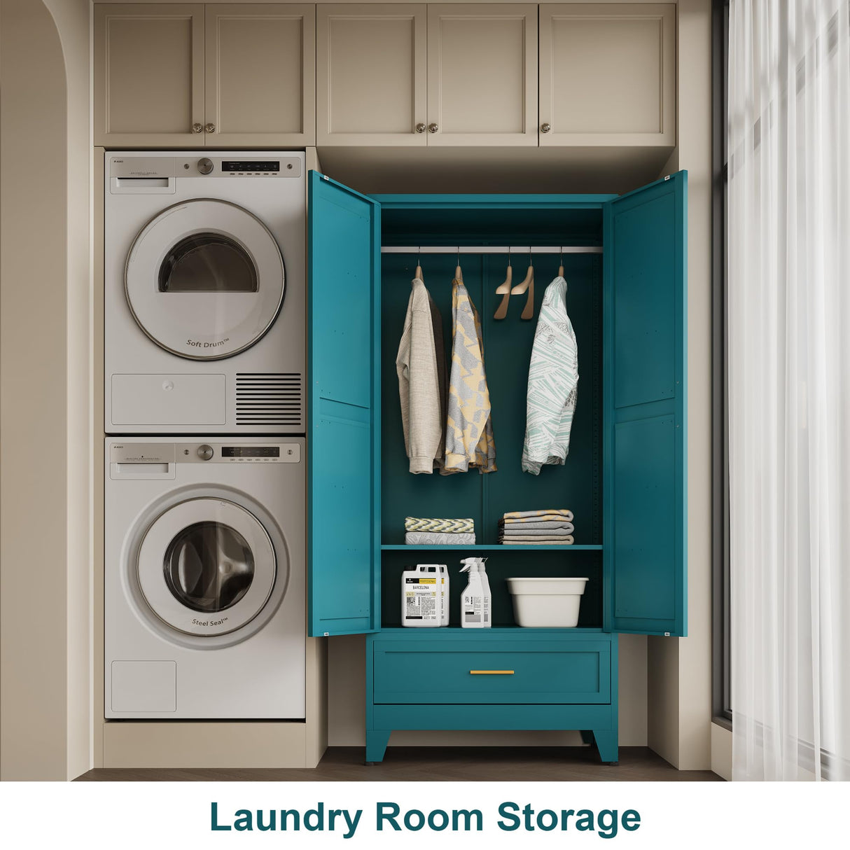 QINPTWUT 71" Large Capacity Metal Wardrobe with 1 Drawers and Adjustable Shelf - Heavy Duty Steel Storage Cabinet for Bedroom, Office,Laundry Room,Bedroom and More (Blue, 71" - 1 Drawer) QINPTWUT