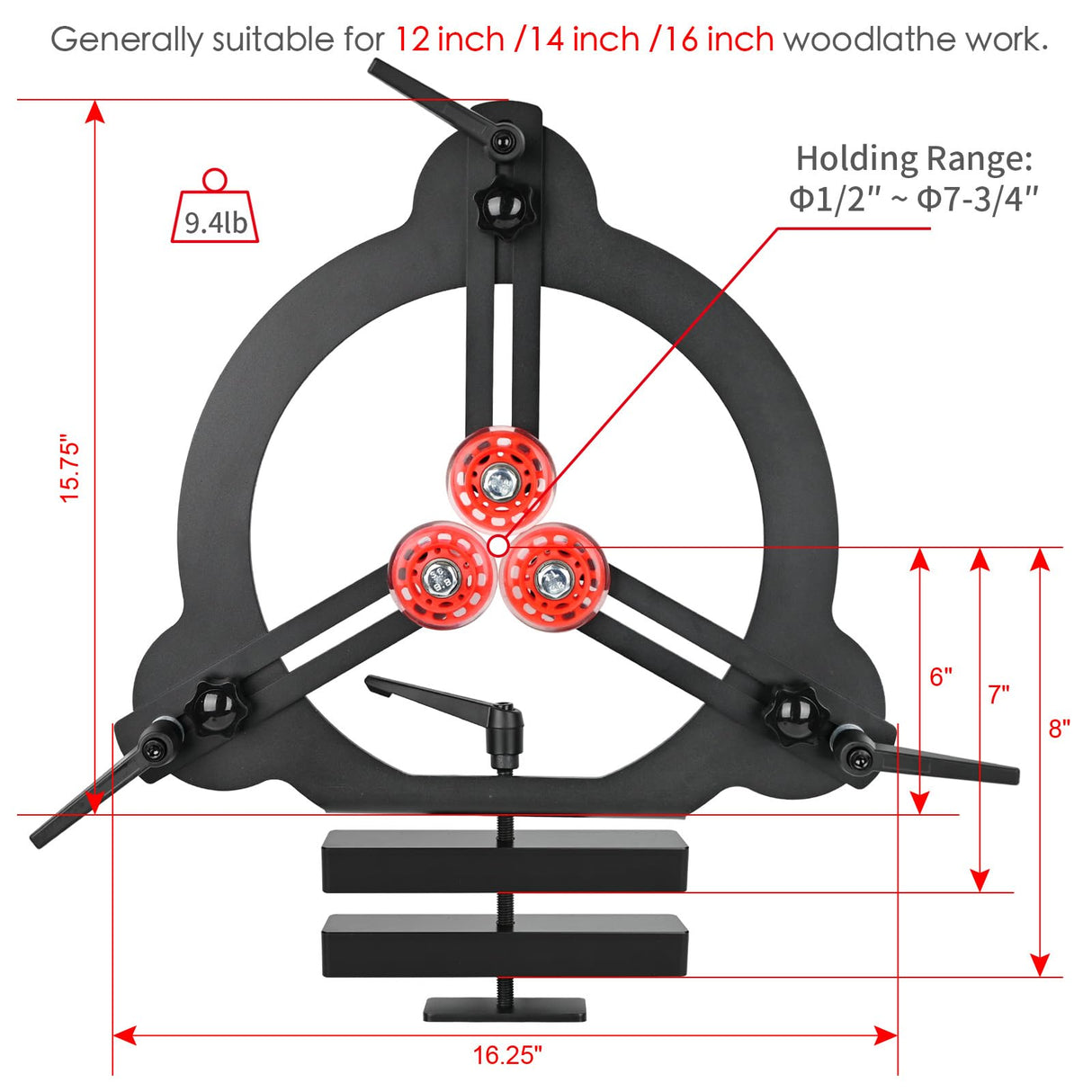 Woodturning Steady Rest for 12inch,14inch and 16inch Swing Size Wood Lathe for Spindle Woodturning ZICT ZICT