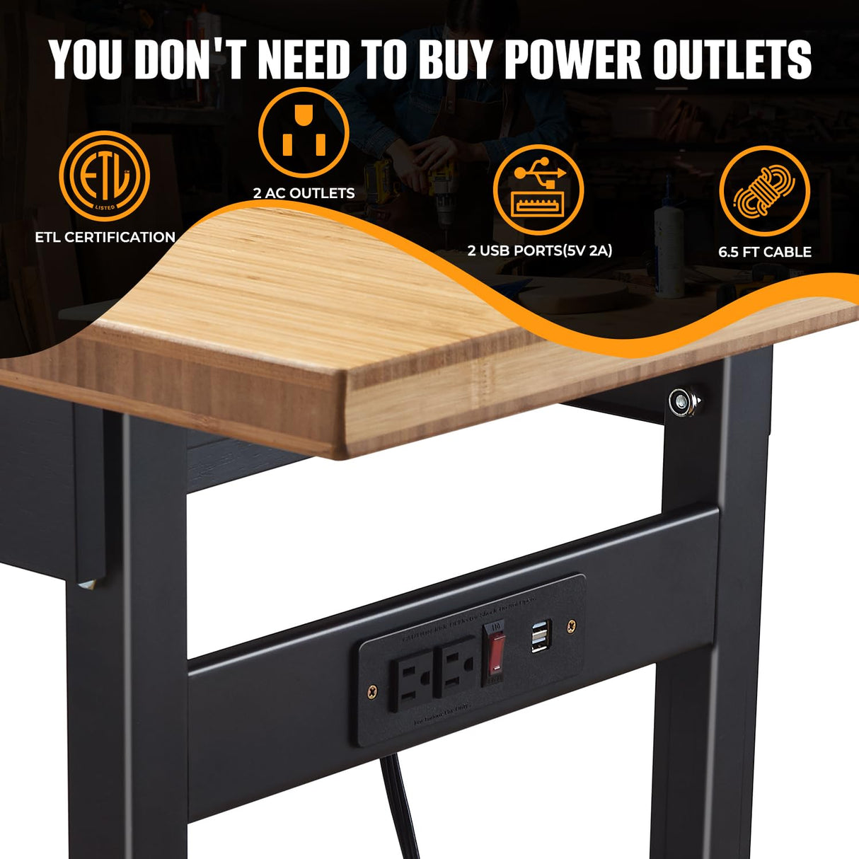 60" Adjustable Work Bench with Drawer Storage, Power Outlet, and Wheels - Heavy Duty Work Table for Home, Garage, and Office - Sturdy Steel Frame with Solid Bamboo Table Top - 2700 lbs Capacity HONRISE