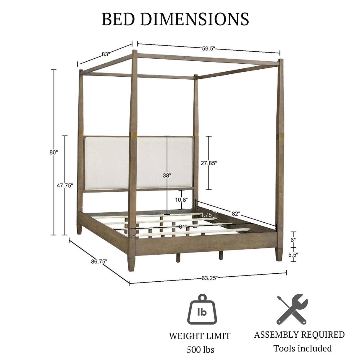 Madison Park Baylor Headboard, Footboard, Canopy Bed Frame with 5 Wood Slats - Upholstered Headboard, Post with Gold Accent, Bedroom Furniture, Box Spring Needed, Easy Assembly, Brown, Queen Madison Park