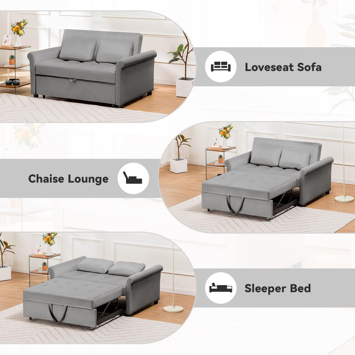 COMHOMA 55" Sleeper Sofa Bed, 3-in-1 Pull Out Couch Bed with Adjustable Backrest and Pillows, Convertible Sleeper Couch for Living Room and Office (Grey) COMHOMA