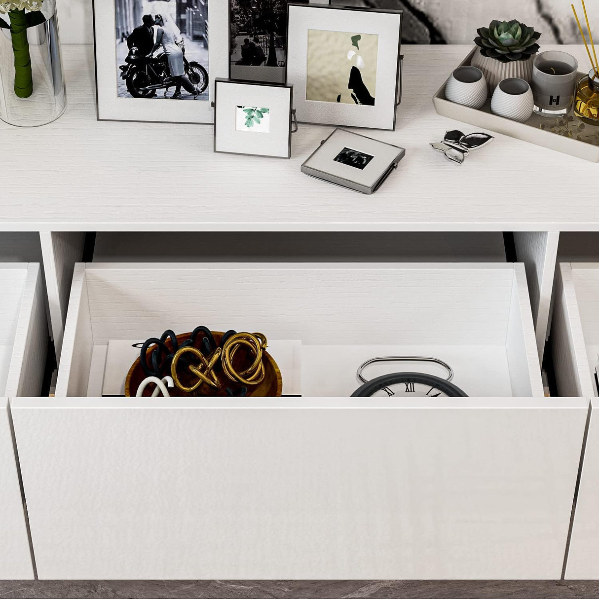 DMAITH Floating TV Stand with LED for 60 65 70in TV, Glossy Wall Mounted Modern Entertainment Center with 3 Drawers, White DMAITH