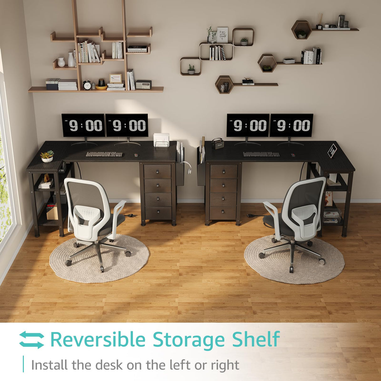 Lufeiya L Shaped Gaming Desk with Drawers & Storage Shelves, 47 Inch Corner Computer Desk with Power Outlet for Home Office Bedroom, L-Shaped Teen PC Desks with Fabric Drawer, Black Lufeiya