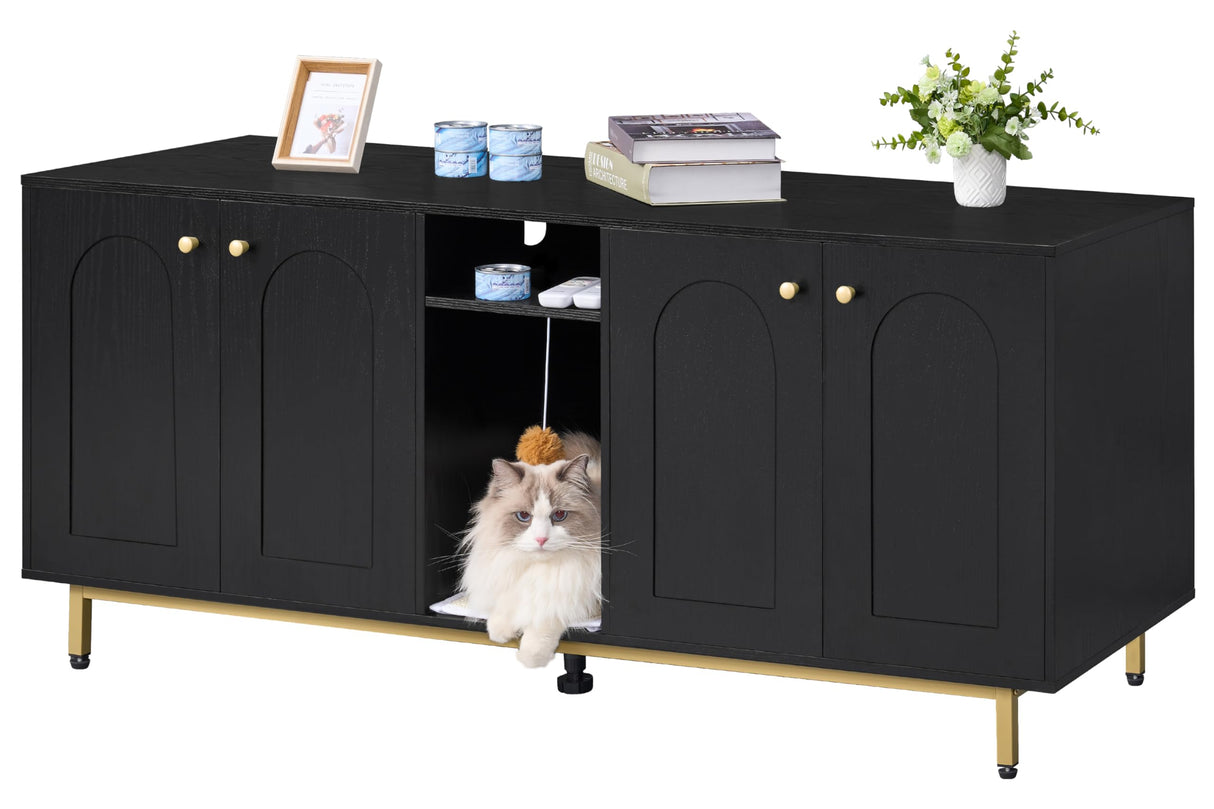 Hzuaneri Cat Litter Box Enclosure, Hidden Litter Box Furniture, Wooden Pet House Side End Table, Storage Cabinet Bench for Living Room, Bedroom, 55.2 x 20 x 23.9 inches, Black and Gold CB81504A Hzuaneri