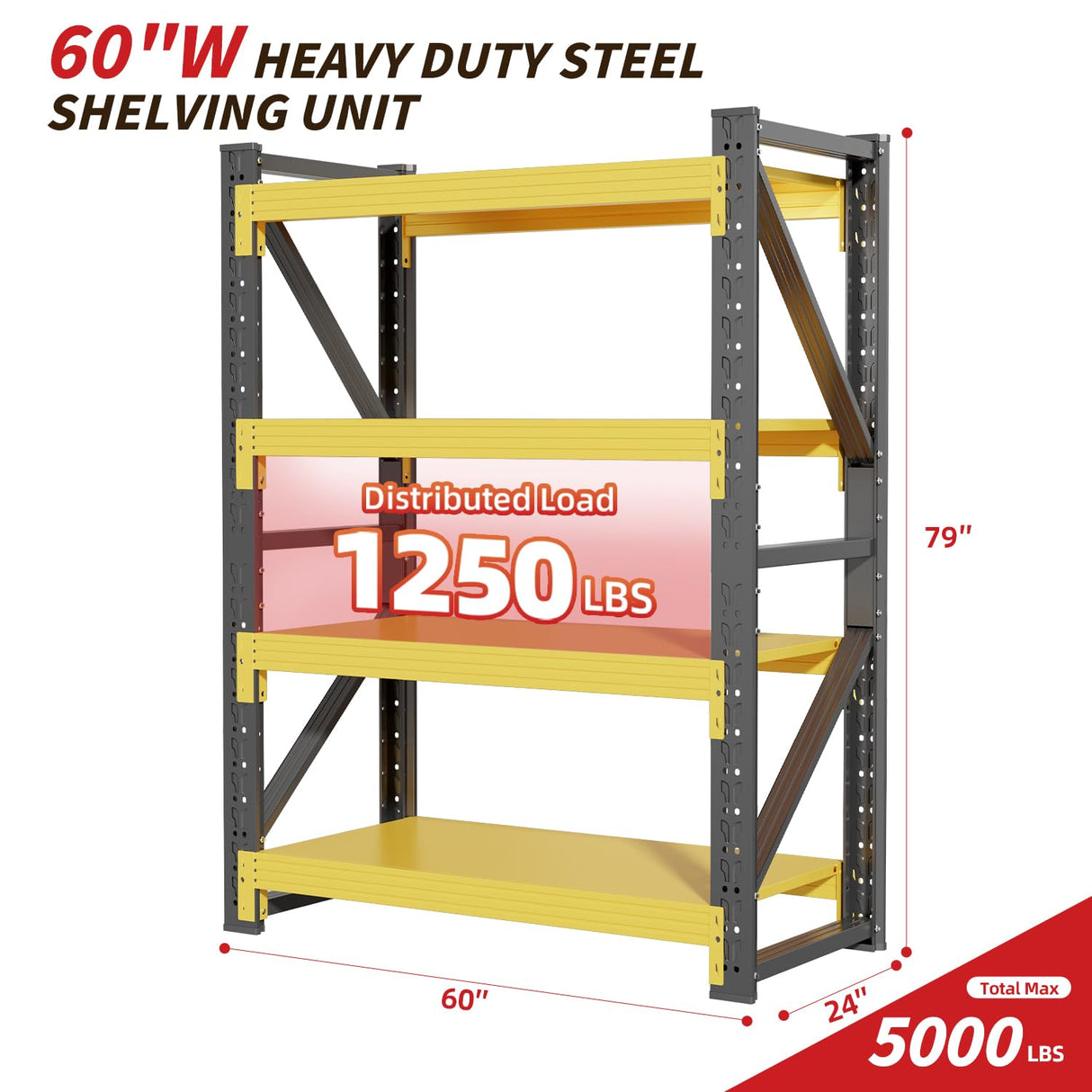 Welfiya 60" W Garage Shelving,4-Tier Heavy Duty Storage Shelves Unit with Adjustable Metal Shelf for Warehouse,Basement,Workshop,5000LBS,60" W x 24" D x 79" H,Black&Yellow Welfiya