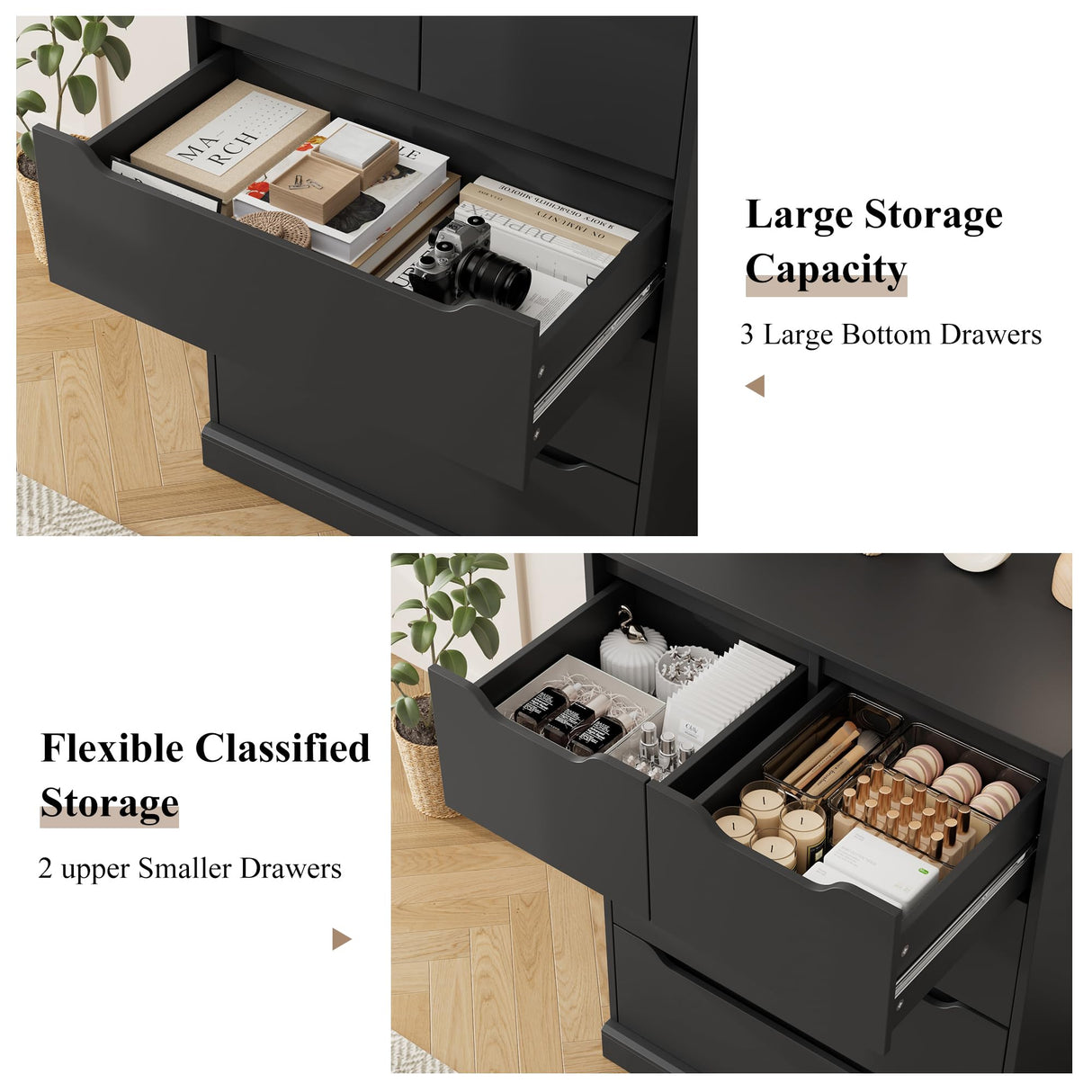 HOSTACK Modern 5 Drawer Dresser for Bedroom, Chest of Drawers with Storage, Wood Storage Chest Organizers with Cut-Out Handles, Accent Storage Cabinet for Living Room, Entryway, Hallway, Black HOSTACK