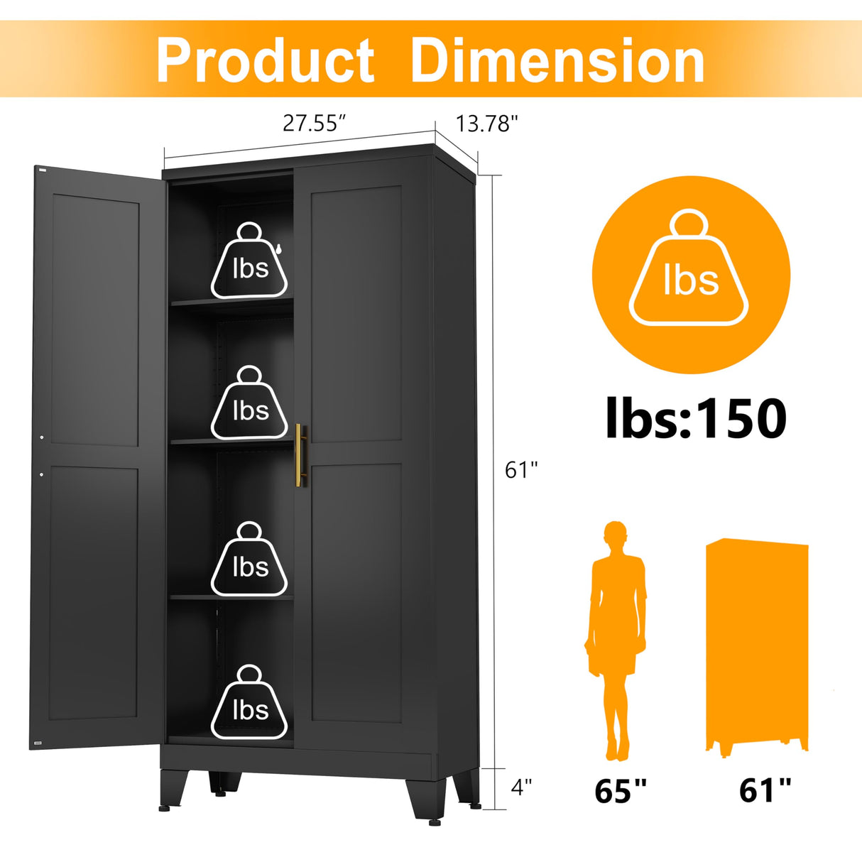 Ckzbx Black Metal Cabinets with Doors and Shelves, 61" H Storage Cabinet Pantry Cabinet Garage Cabinets for Kitchen, Living Room, Dinning Room Ckzbx