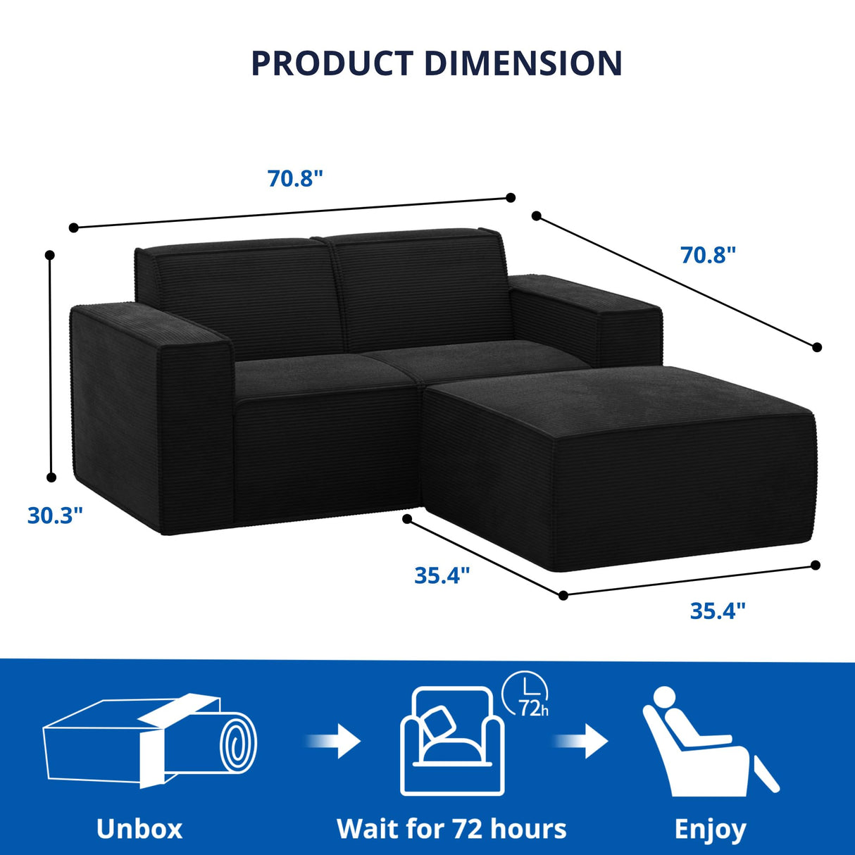 Cozy Castle 71" Loveseat Sofa, L Shaped Comfy Corduroy Boneless Couch with Deep Seat and Ottoman Chaise Cloud Sofa Upholstered Couches for Living Room Bedroom No Assembly Required (Black) Cozy Castle
