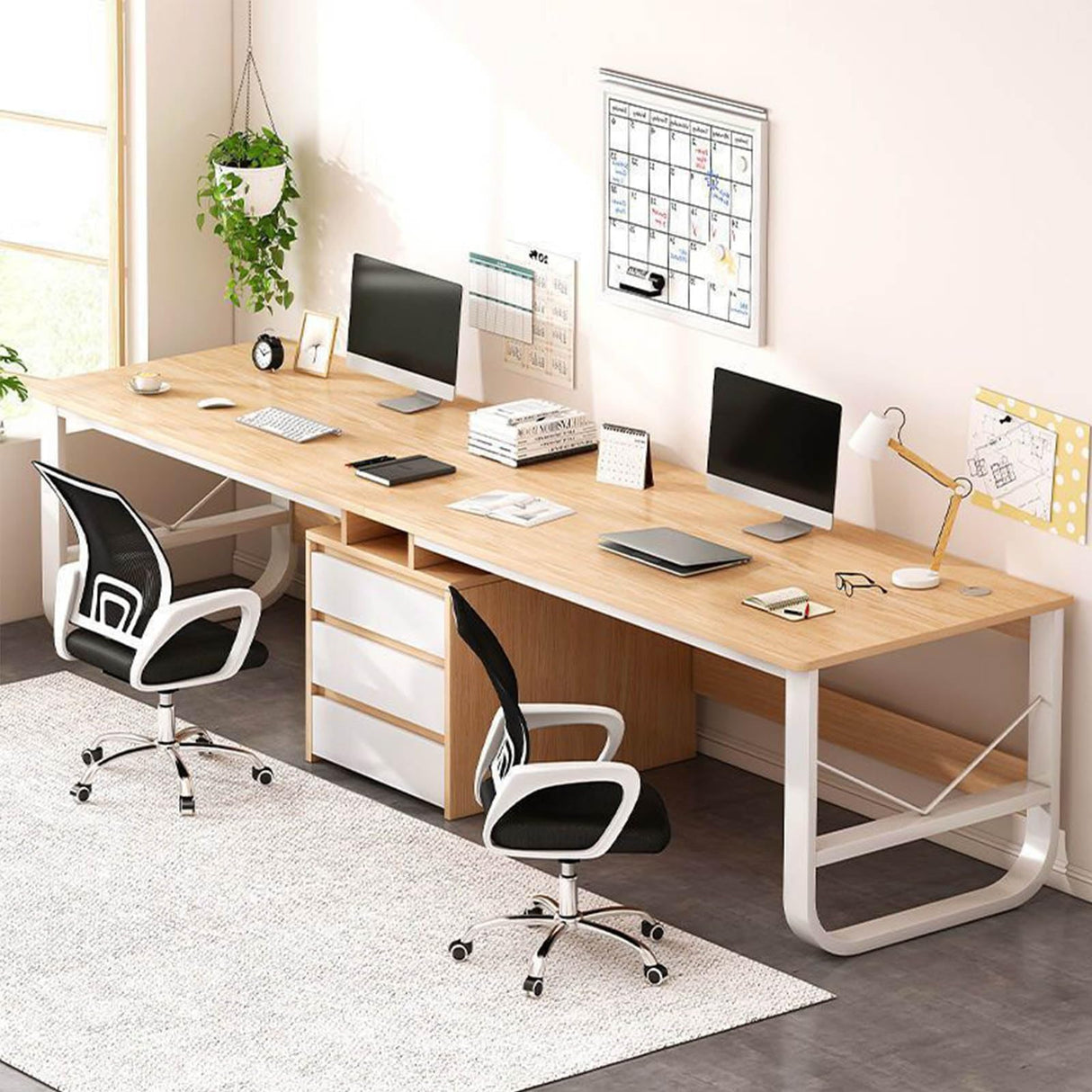 SUZEPER Two Person Desk with Drawers,Extra Long Desk with Storage Cabinet Shelf, Double Computer Gaming Desk, 2 Person Desk Writing Study Desk for Home Office Desk (200x50x73cm(79x20x29inch), A) SUZEPER
