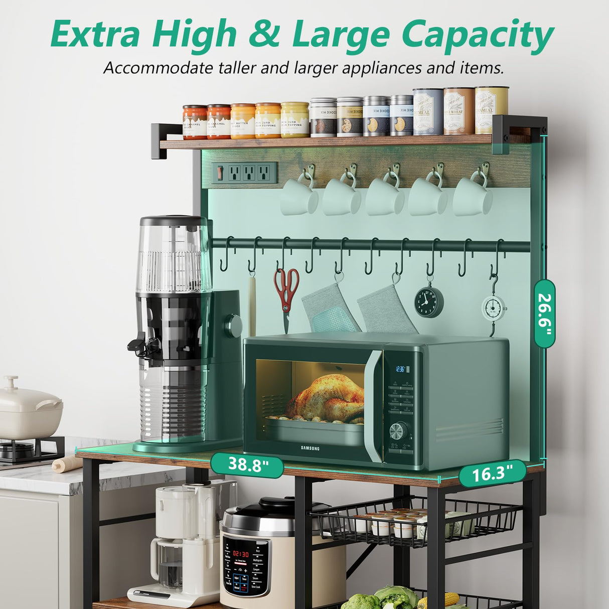 Kalrin Rustic Brown Large Bakers Rack with Power Outlets, Hooks, and Wire Baskets for Organised Kitchen Storage Kalrin