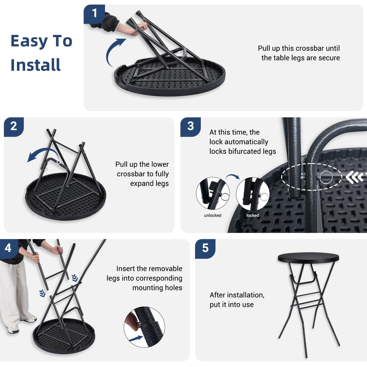 Byliable Cocktail Table 28in Folding Round High Top Indoor Outdoor with Removable Legs, Tall Bistro Foldable Bar Height Table for Parties, Patio, Backyard, Dining Room, Events, Black- 2PCS Byliable