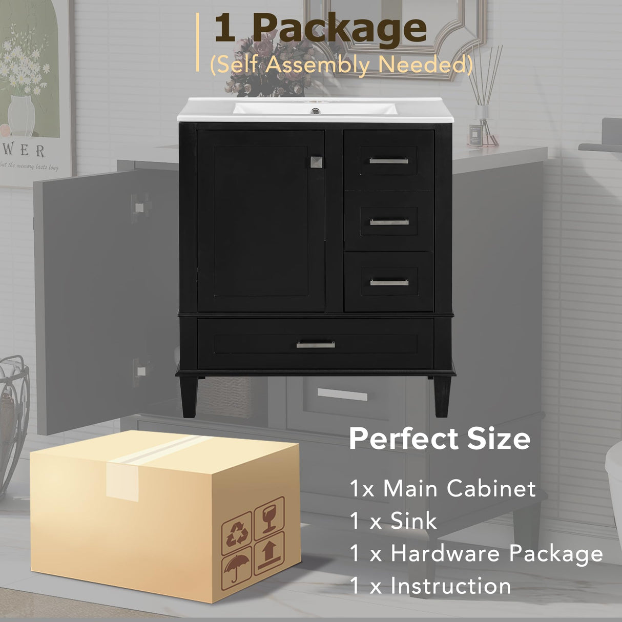 30" Bathroom Vanity with Sink, 30 Inch Bathroom Vanity with Top, 3 Drawers and 1 Soft Closing Door, Modern Bathroom Vanity with Sink 30 Inch for Bathroom (Black) Mirightone