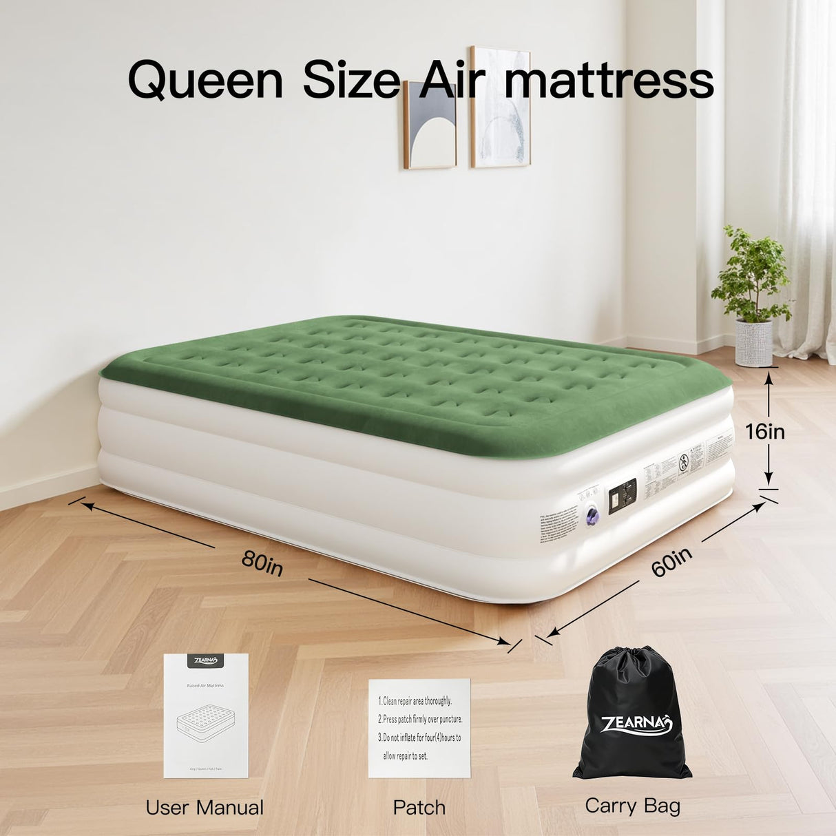 Zearna 2025 Upgraded Queen Air Mattress with Built in Pump,16'' Comfort Blow up Mattress, Quiet Surface Portable Inflatable Mattress, Air Bed with Storage Bag for Guests, Home, Camping, 660 lbs Max Zearna