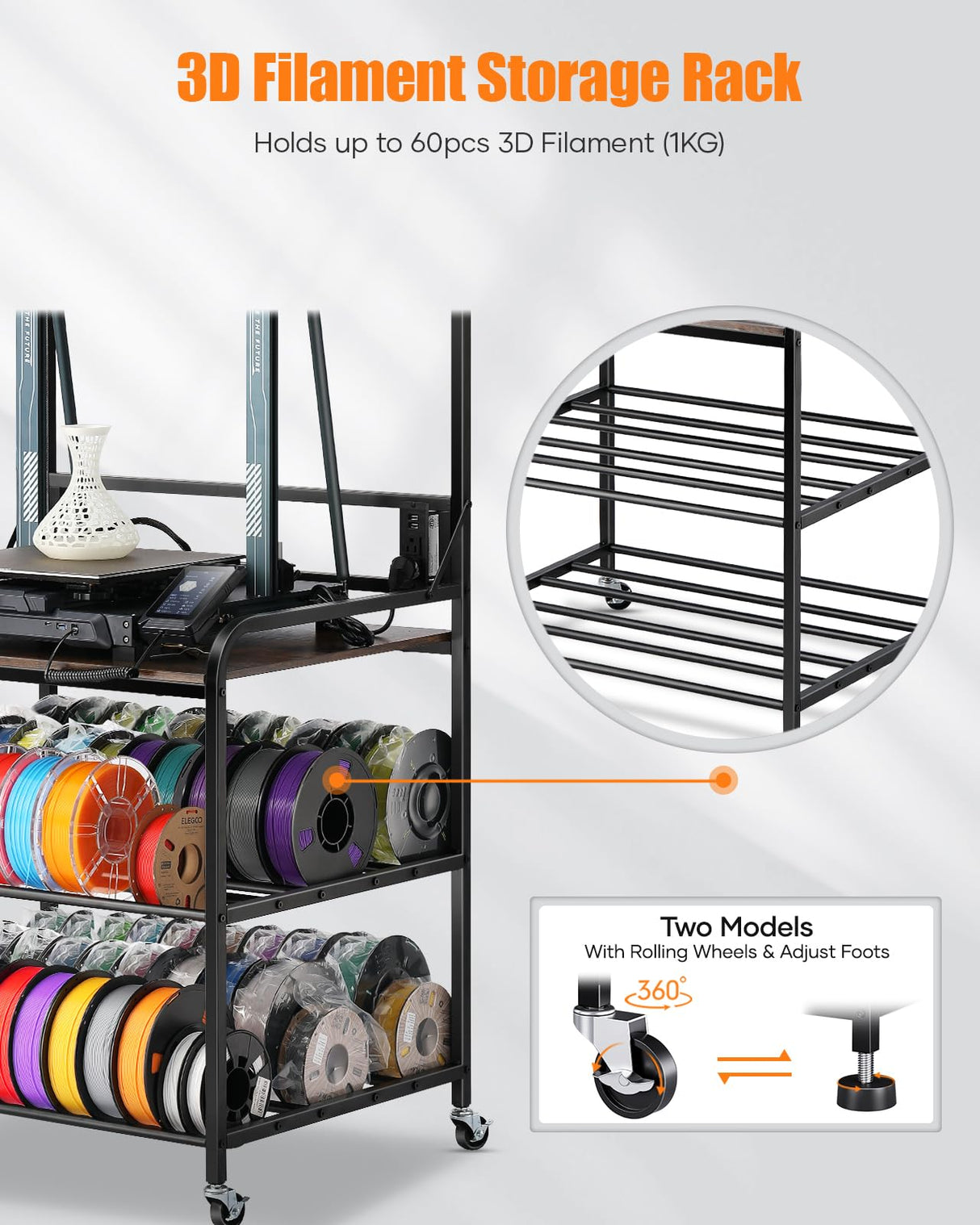 AHOWPD 3D Printer Rack Filaments Storage - Rolling 3d Printing Stand Filament Organizer, Spools Holder Racks Cart with Wheels, Heavy Duty Shelf Hold Spool PLA, ABS, PETG for Garage Office Workshop AHOWPD