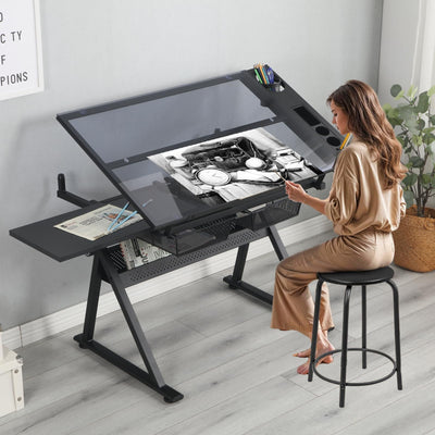 Gagawin Drafting Table for Artists, Height Adjustable Glass Drawing Table with Stool, Ergonomic Art Table with 0-75° Tilting Tabletop and More Storage for Home Office, Type 1-Black