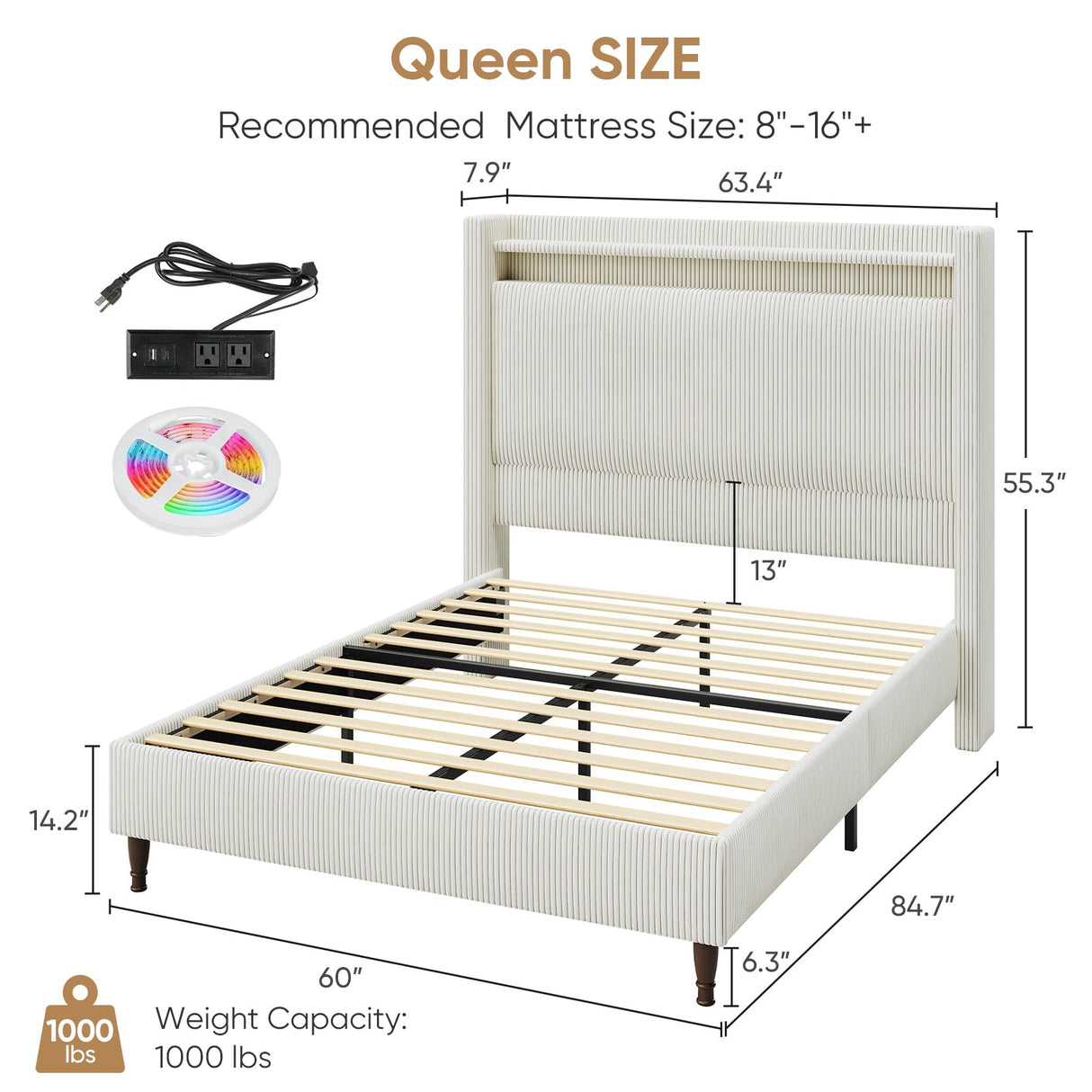 Queen Bed Frame with Tall Headboard, 55.3" Upholstered Platform Queen Size Bed Frame, Elegant Corduroy Wingback Bed with LED Lights & Charging Station, No Box Spring Needed, Solid Wood Slats, Cream Welzona