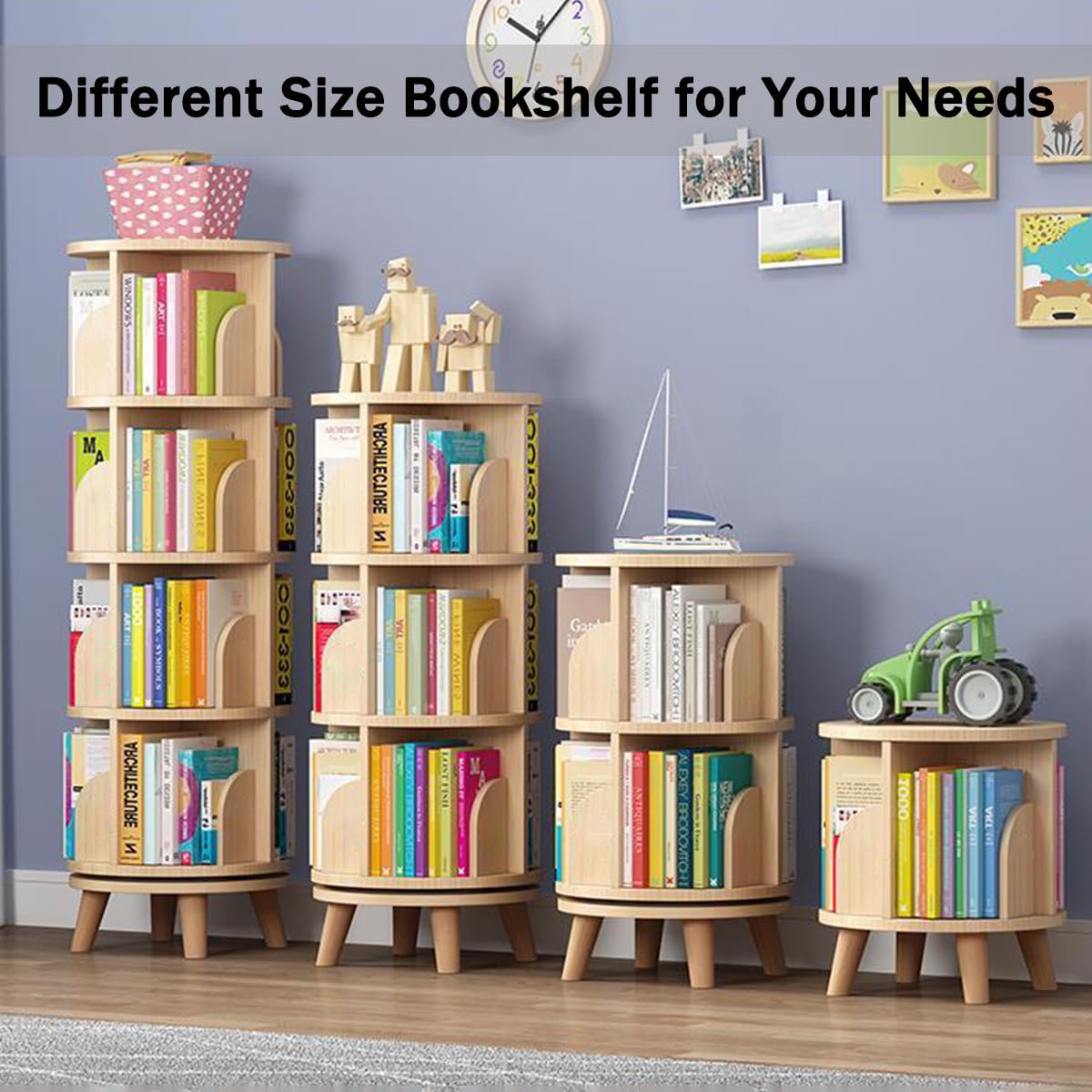 Gdrasuya10 3-Tier Natural Wood Rotating Bookshelf with 4 Legs for Easy Storage and Display Gdrasuya10