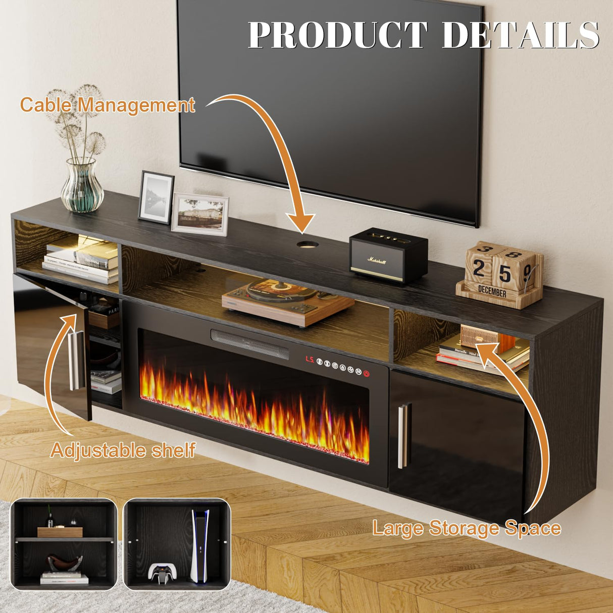 TAVATA 70" Floating TV Stand with 36" Electric Fireplace - Wall Mounted Entertainment Center with LED Lights & Storage Cabinet, Modern Media Console for Living Room, Supports TVs up to 80" (Black) TAVATA