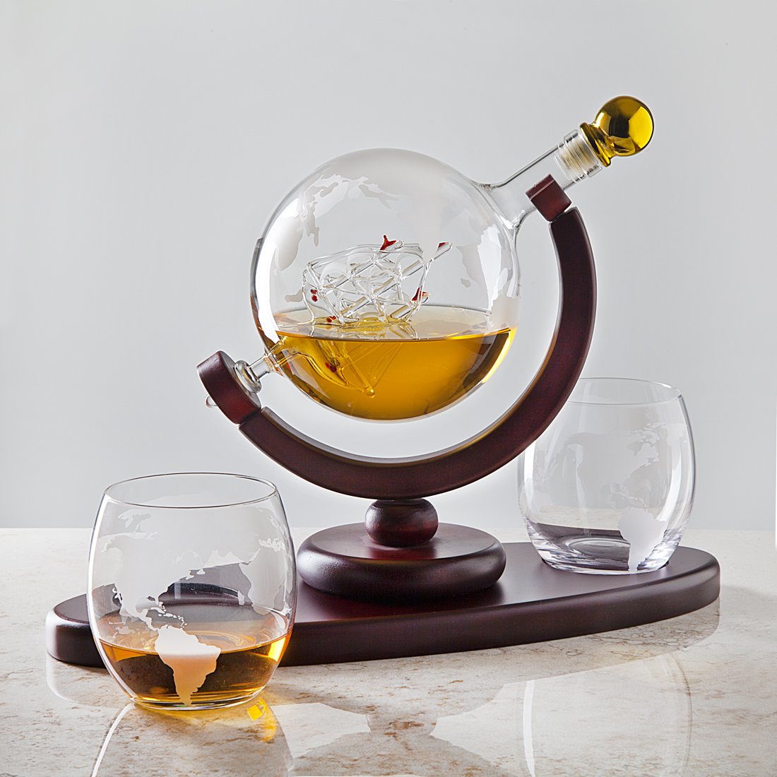 Whiskey Decanter Globe Set with 2 Etched Whiskey Glasses - for Liquor Scotch Bourbon Vodka, Gifts For Men - 850ml Godinger