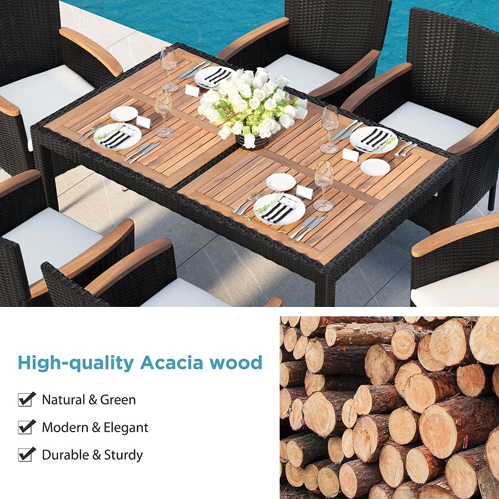 Quarte 7 Piece Outdoor Patio Dining Set, PE Rattan Wicker Dining Table and Chairs Set with Acacia Wood Tabletop and Stackable Armrest Chairs/Water-Proof Cushions Quarte