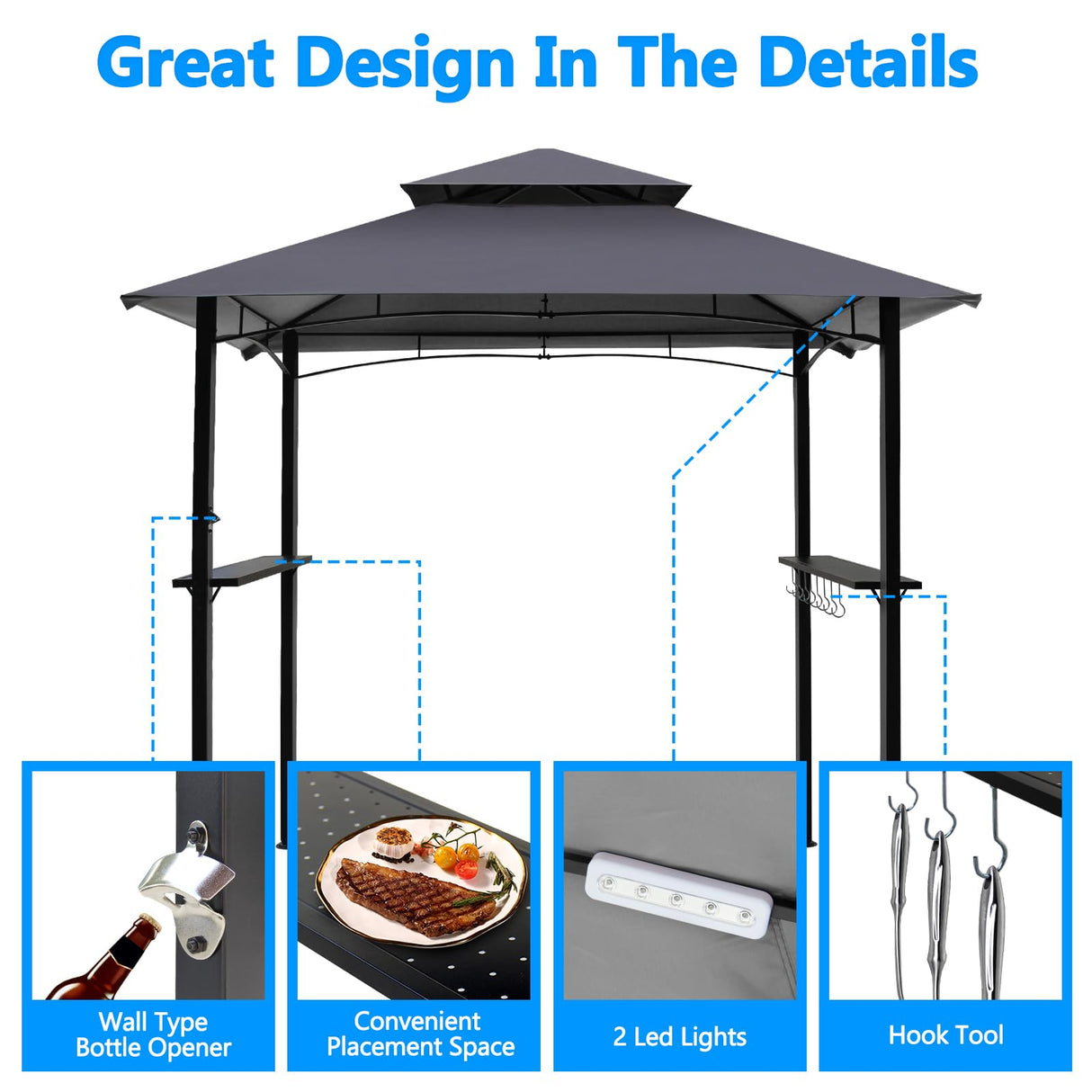 8x5 Grill Gazebo, Outdoor BBQ Grill Patio Canopy with 2 Handy Shelves & LED Lights, Double Roof Barbecue Gazebo Canopy (Gray) HOWSVN
