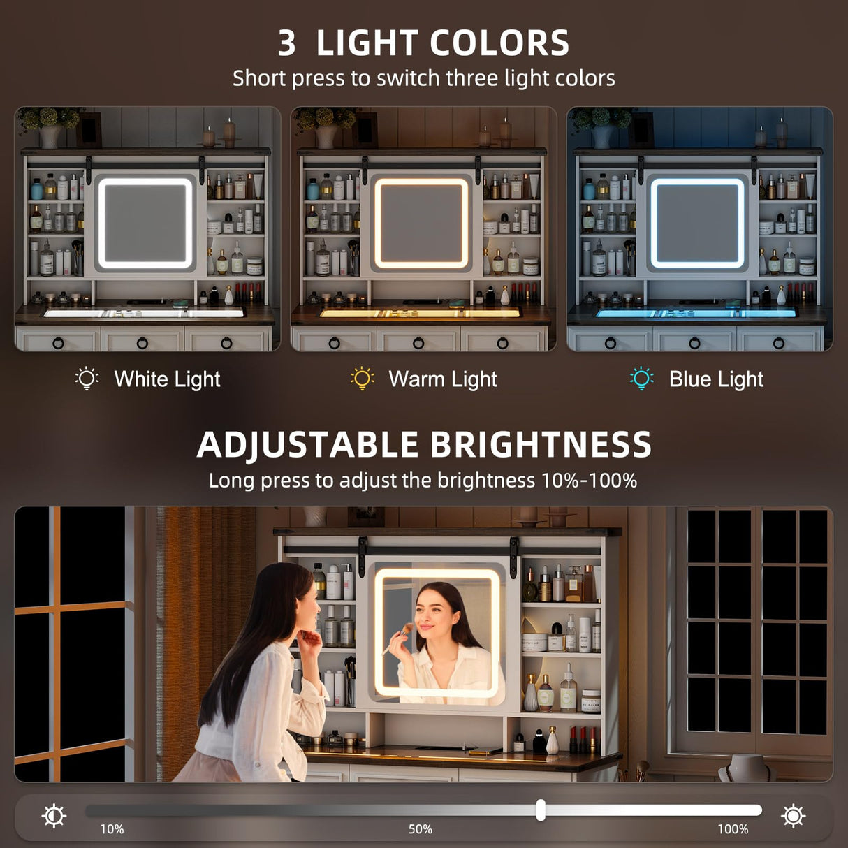 MDGC 60" W Farmhouse Makeup Vanity Desk with Sliding Mirror and Lights, Charging Glass Top Large Vanity Table with Jewelry Storage,Vanity Set with 6 Drawers,10 Shelves,Side Storage Cabinet,White MDGC