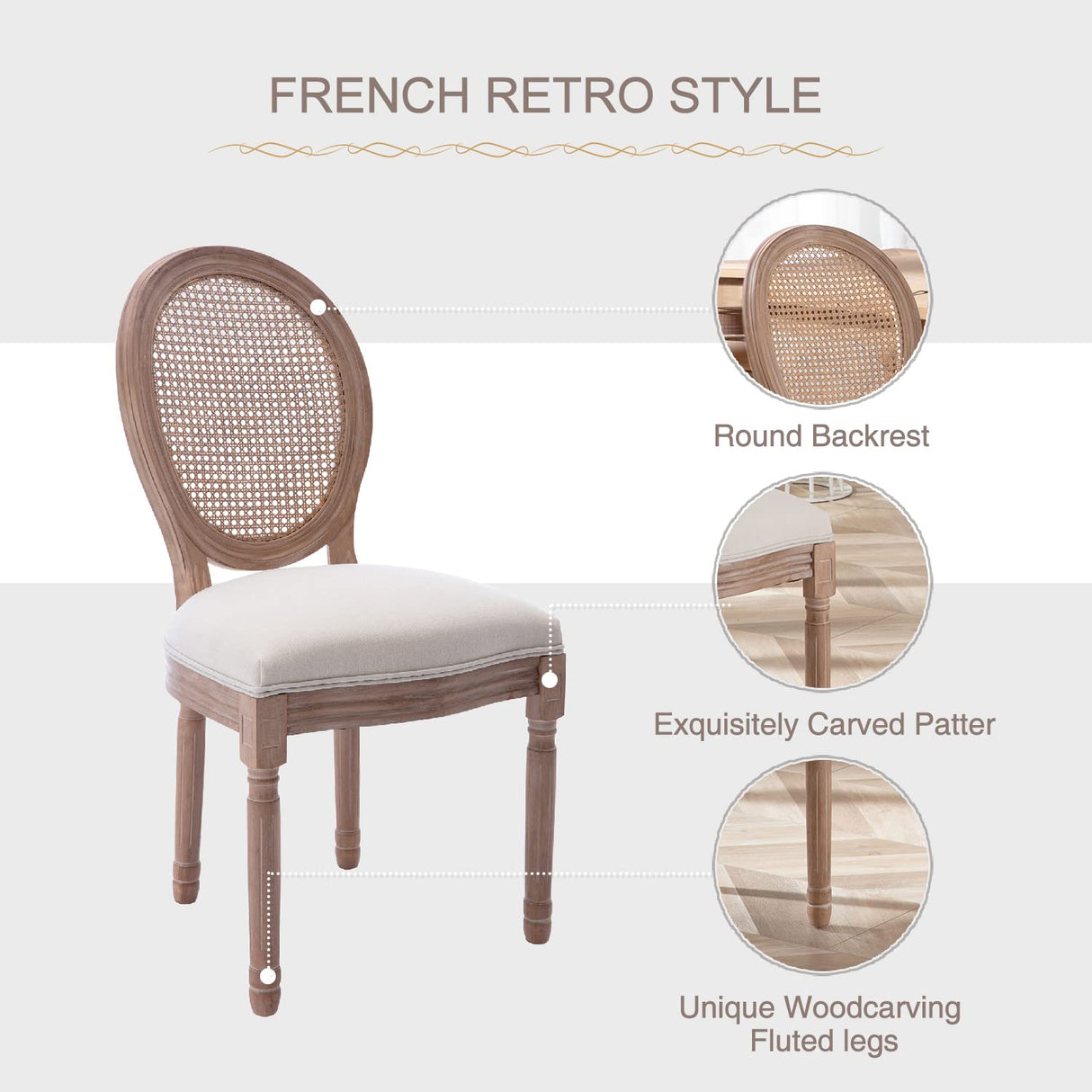 Virabit French Dining Chairs Set of 6, Rattan Farmhouse Upholstered Dining Chairs with Curved Backrest and Beautifully Carved Solid WoodFrame for Living Room, Kitchen, Restaurant Virabit