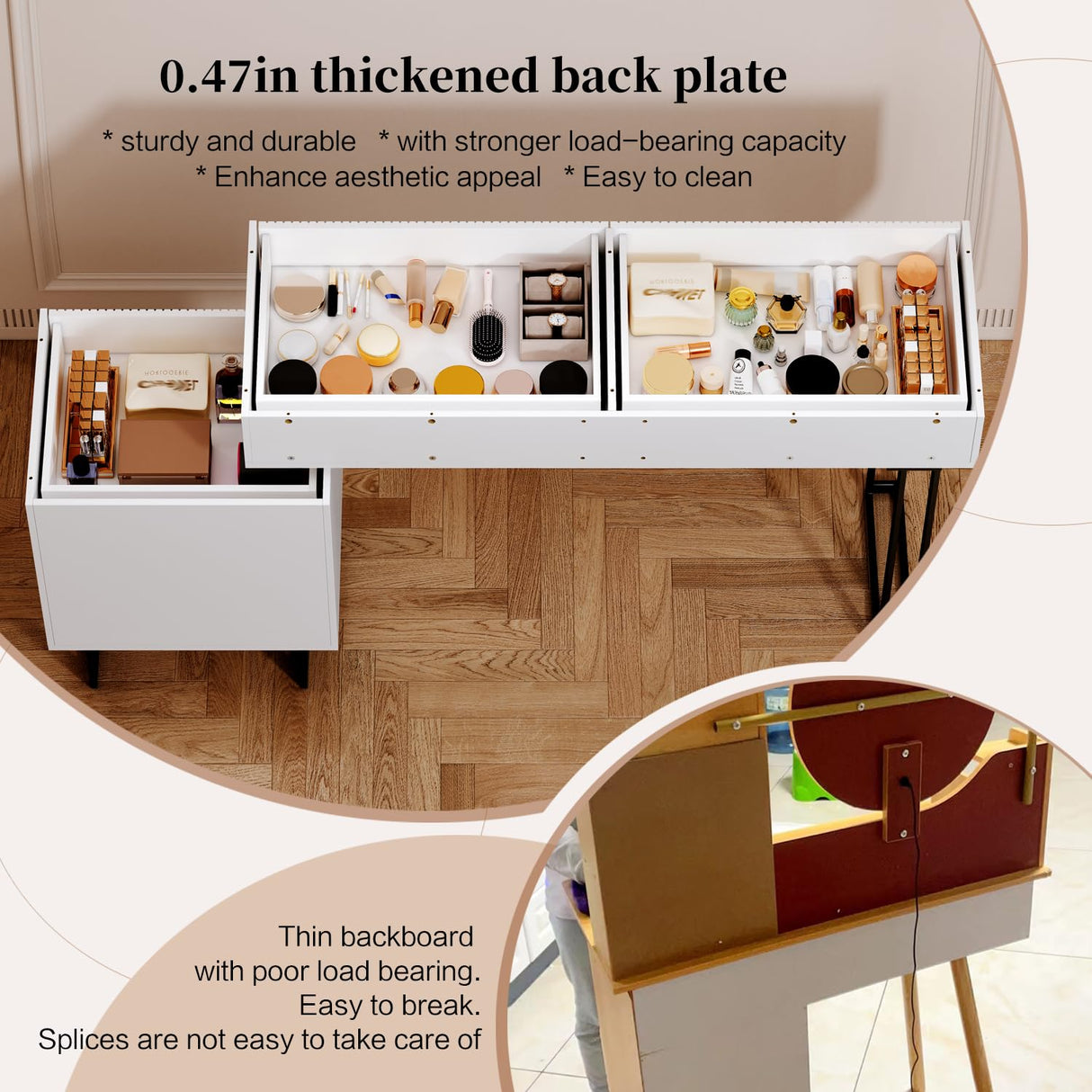 Ieejdn White with plug,Large Vanity Desk with 3 Color Touch Screen Dimming Mirror, Modern Retractable Makeup Dressing Table with Adjustable Cabinet and 5 Sliding Drawers,Vanity Table with Power Strip Ieejdn