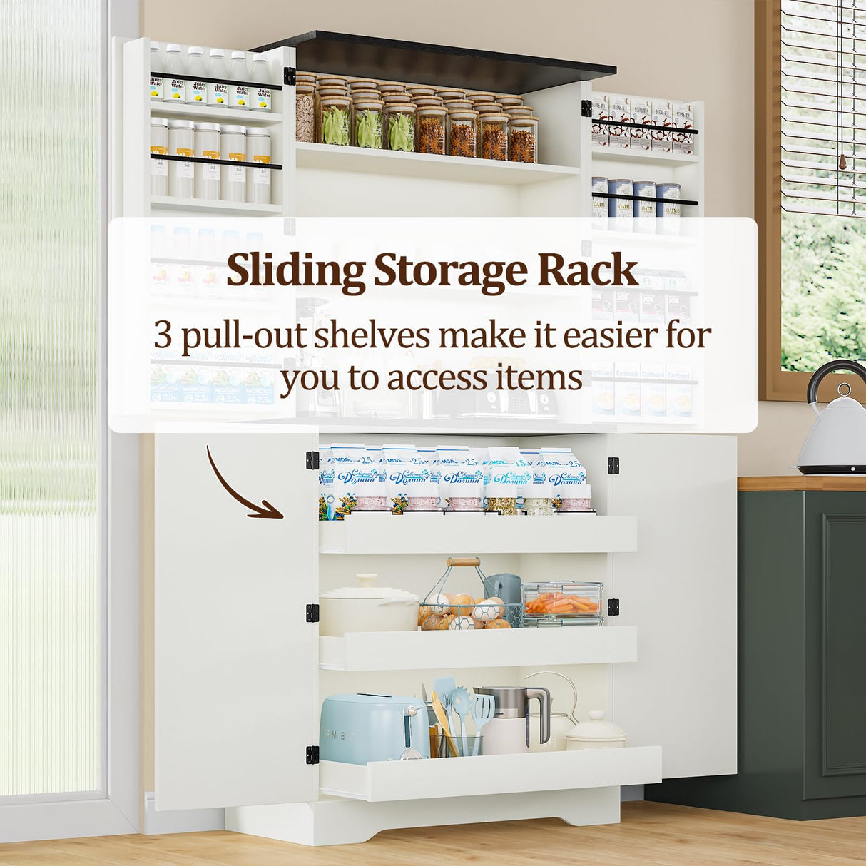 REVOMINCA 72" Kitchen Pantry Cabinet, Farmhouse Pantry Cabinet with 8 Hanging Rack Shelves & 3 Pull-Out Racks, Pantry Storage Cabinet, Freestanding Cupboard for Kitchen, Dining Room, White REVOMINCA