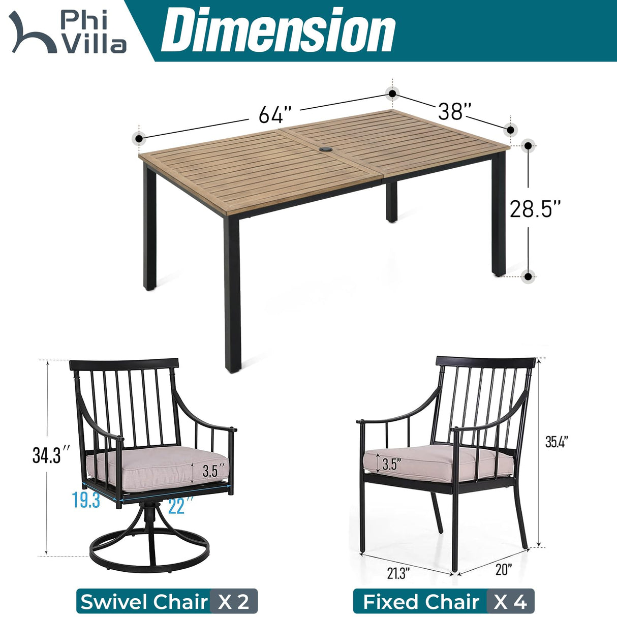 PHI VILLA 7 Pieces Outdoor Dining Set for 6, 65” Wood-Like Metal Rectangle Dining Table & Swivel Chairs with Cushions, Large Modern Dining Furniture Set for Patio, Deck, Porch, Backyard PHI VILLA