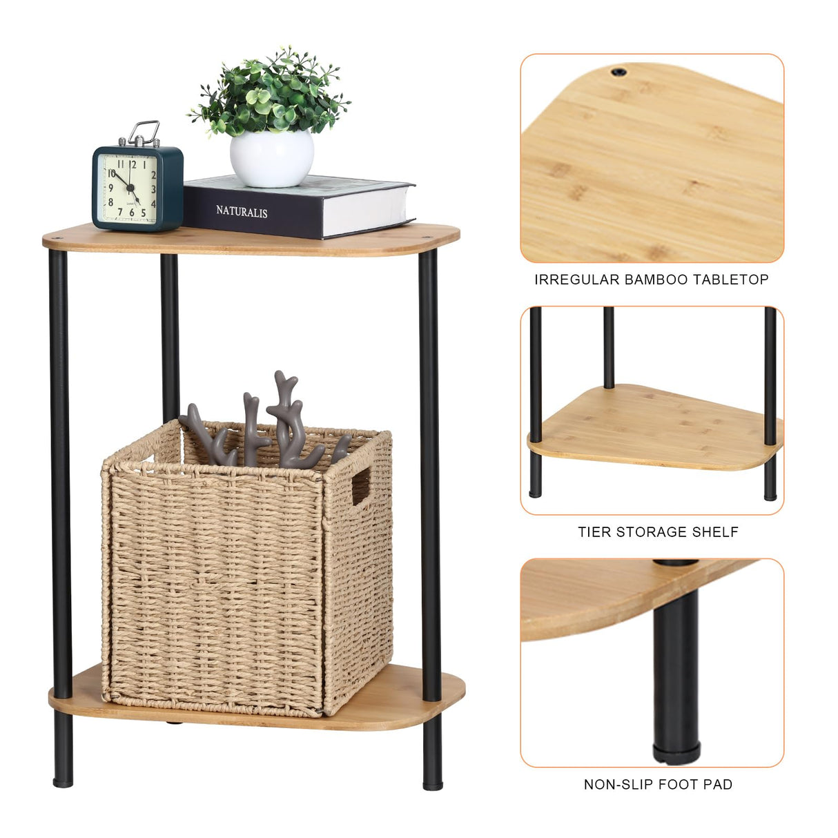 Small Side Table Set of 2, 2 Tier Bamboo End Table Corner Table Wedge Snack Table with Rounded Corner for Small Space, Living Room, Natural Bamboo Nandae