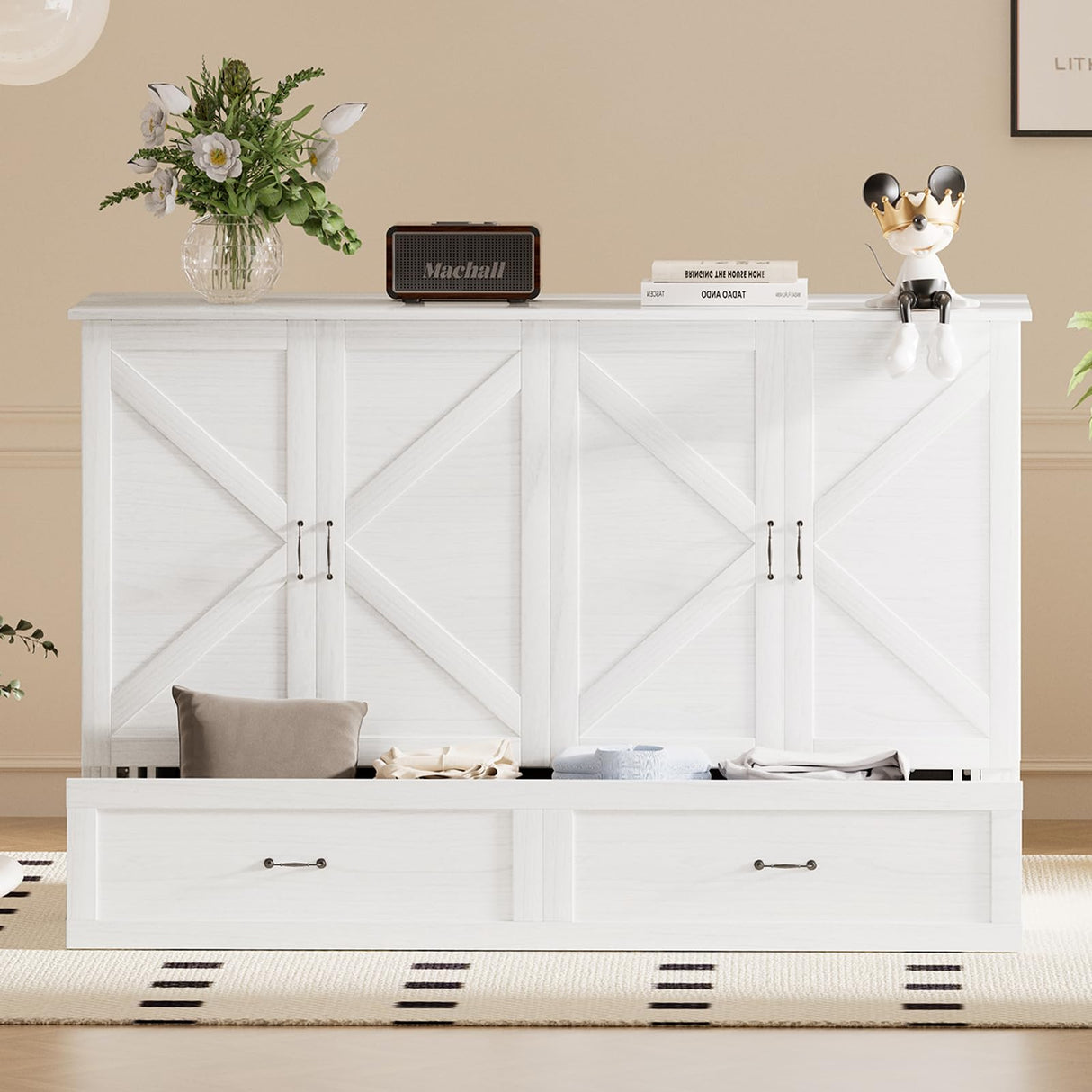 PUREMIND Queen Murphy Bed Cabinet with Mattress Included, Bedroom Cabinet Beds with USB Charging Station, Murphy Chest Bed with Storage Drawers, Horizontal Wallbed for Guest Room White PUREMIND