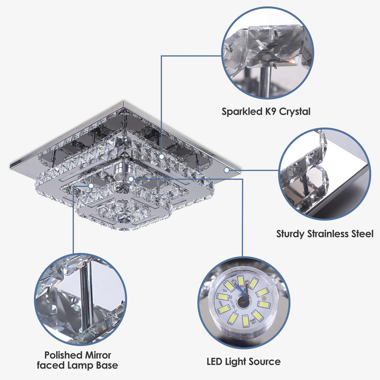 CXGLEAMING Modern LED Chandelier Crystal Ceiling Light Fixture Square Mini Pendant Lamp Flush Mount Ceiling Light for Bedroom Hallway Bathroom Living Room CXGLEAMING
