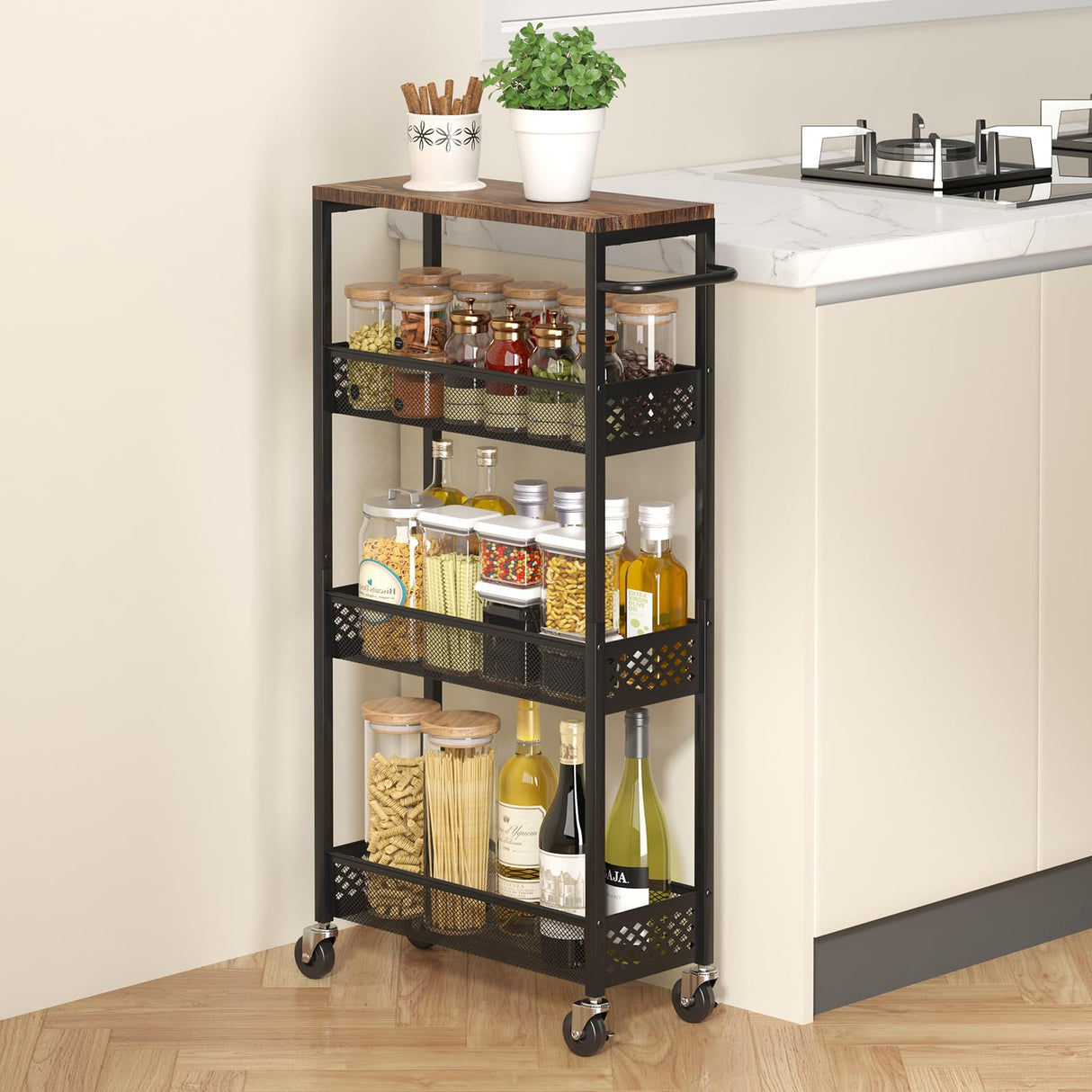 XYZLVSI Slim Storage Cart 4 Tier Narrow Kitchen Rolling Cart on Wheels for Small Space, Mobile Utility Cart Shelving Unit with Wooden Top and Metal Handle for Kitchen, Bathroom, Laundry Room XYZLVSI