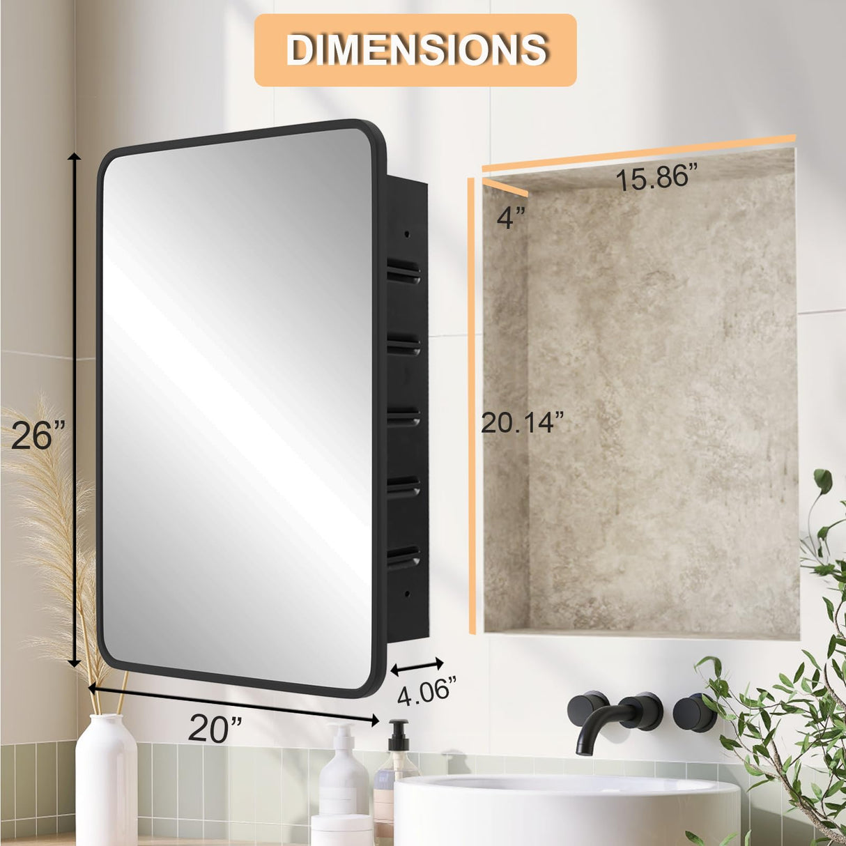 MEETDH 18"x26" Medicine Cabinet Mirror, Black Bathroom Cabinet with Mirror Wall-Mounted or Recessed, Bathroom Vanity Mirror with Storage, Solid Metal Frame, Adjustable Glass Shelves MEETDH