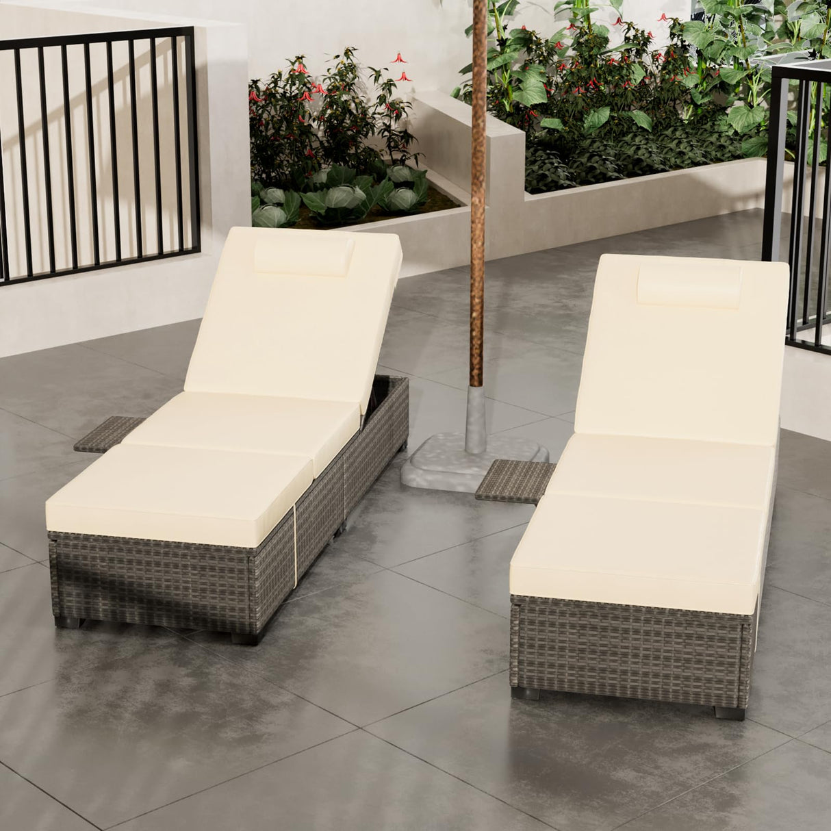 MilleLoom Outdoor Chaise Lounge Chairs for Outside Patio Furniture Set of 2 Wicker Recliner Gray Rattan Reclining Pool Sunbathing Chair Adjustable Backrest Lounger with Beige Cushion MilleLoom