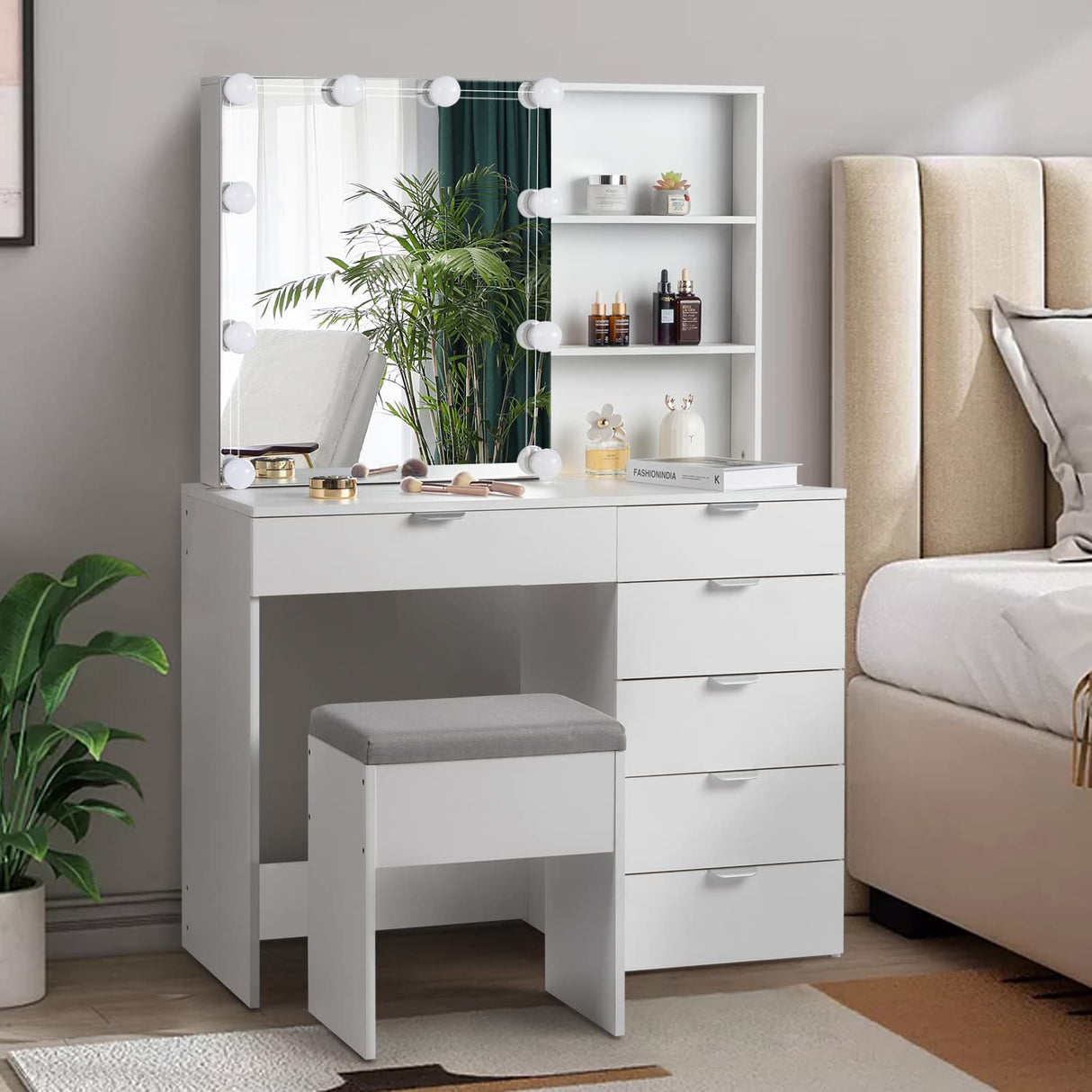 Karl home Vanity Desk with Sliding Mirror, 6-Drawer Makeup Vanity, Bedroom Makeup Desk, Vanity Table with Adjustable Brightness & 3 Colour Light Modes,White Karl home