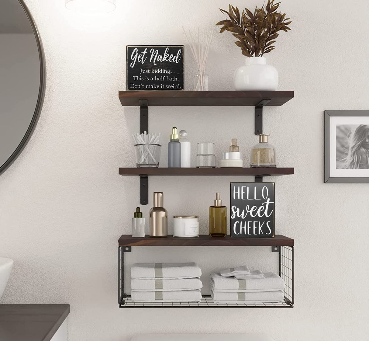 Pigort Hello Sweet Cheeks Sign - Bathroom Decor Modern Farmhouse Home Accent - Rustic Black Wood Shelf Plaque Box Sign for Women, Family, Friend 5X6X1.8 INCH Pigort