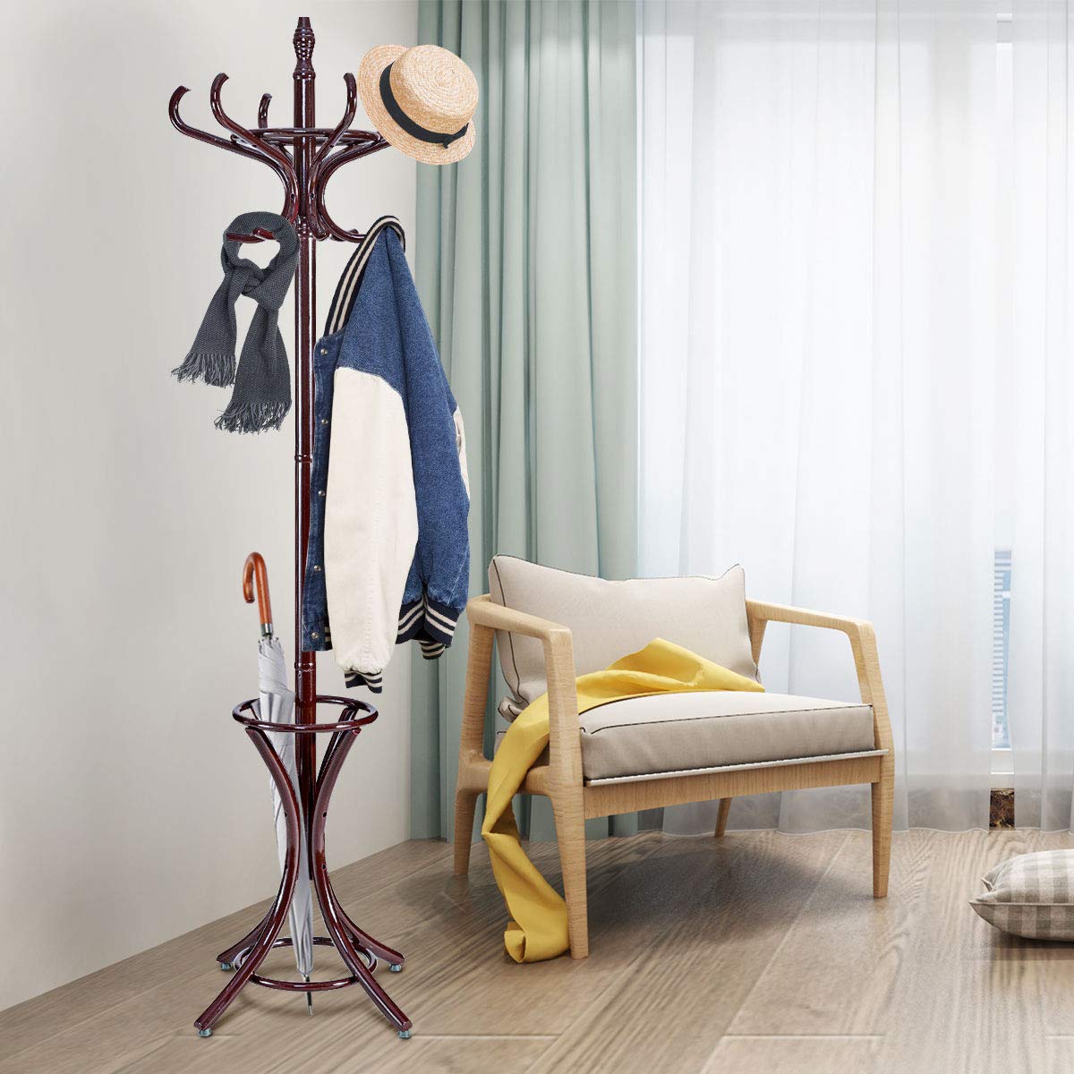 GOFLAME 73" Coat Rack Freestanding, Wooden Coat Tree with 12 Hooks and Umbrella Stand, Entryway Hall Tree, Hat Hanger Organizer, Coat Rack Stand for Coats, Hats, Scarves, Bags, Easy Assembly, Brown GOFLAME