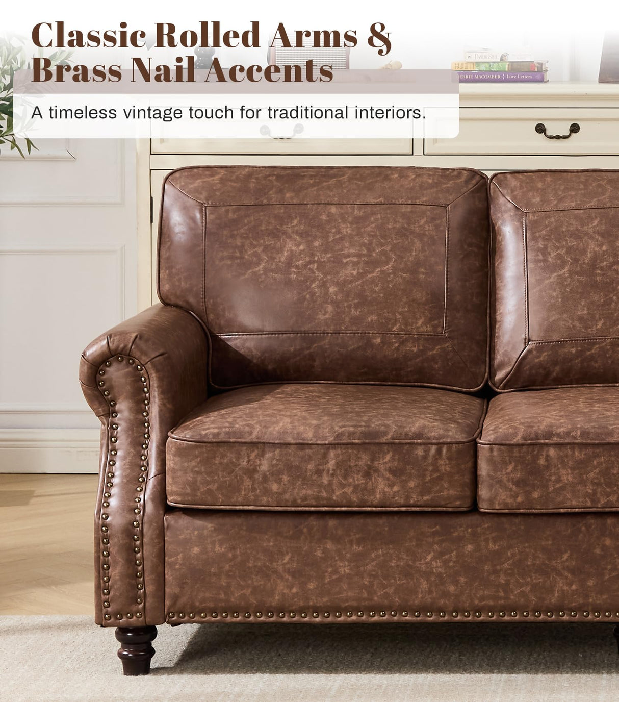 WILLOVE 79'' Faux Leather Sofas for Living Room, Mid Century Modern Couches with Rolled Arm & Nailhead Trim for Small Space, Apartment, Dark Brown WILLOVE