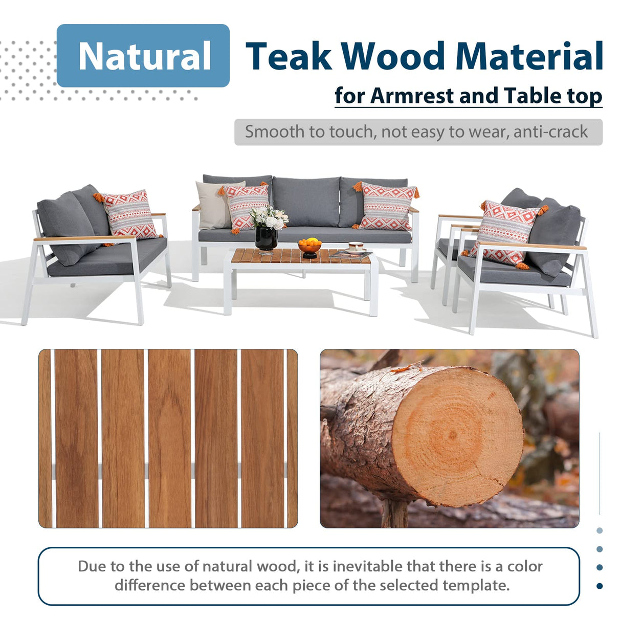 JOIVI Aluminum Patio Furniture Set 5 Pieces Outdoor Conversation Set with Teak Coffee Table & Cushion, Outdoor Patio Furniture Sectional Patio Sofa Outside Furniture for Deck, Backyard, White JOIVI