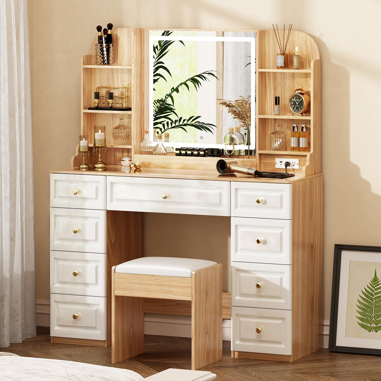 43" Makeup Vanity Desk with Mirror and Lights, & Power Outl, Glass Top Big Vanity Table with 9 Drawers& 8 Storage Shelves, Dressing Table Set with Chair for Bedroom, White+Oak Arulvmrn