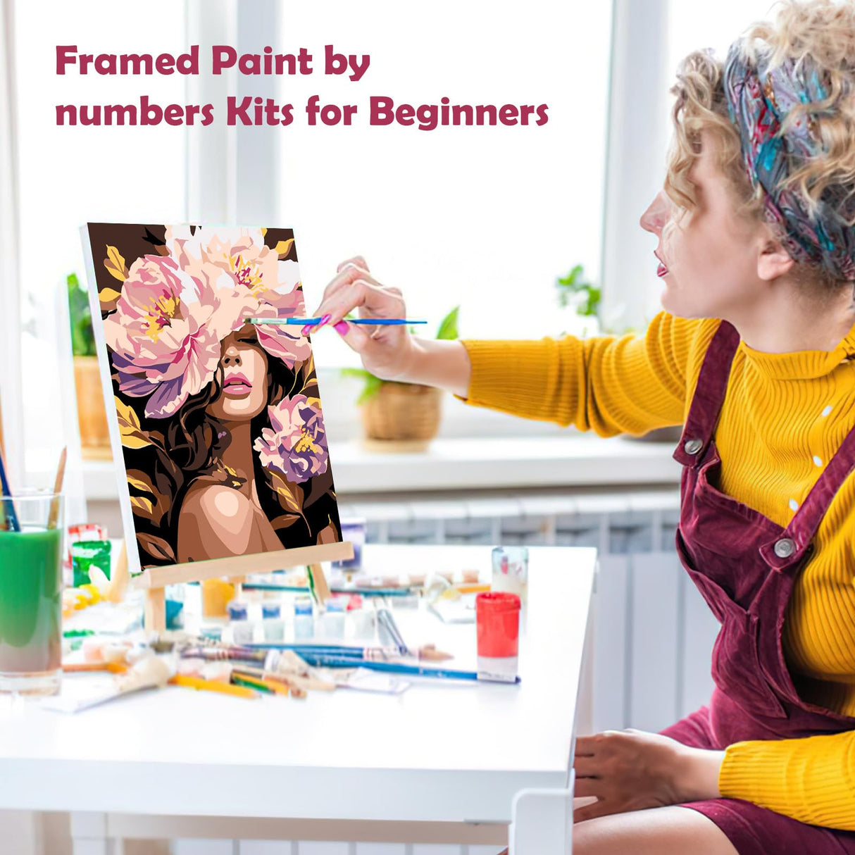 MOGTAA Flowers Girls Paint by Numbers Kit for Adults Beginners with Frame, Adult Paint by Number Kits on Canvas with Easel, Easy DIY Oil Painting Kits for Home Decor, 8x12in MOGTAA